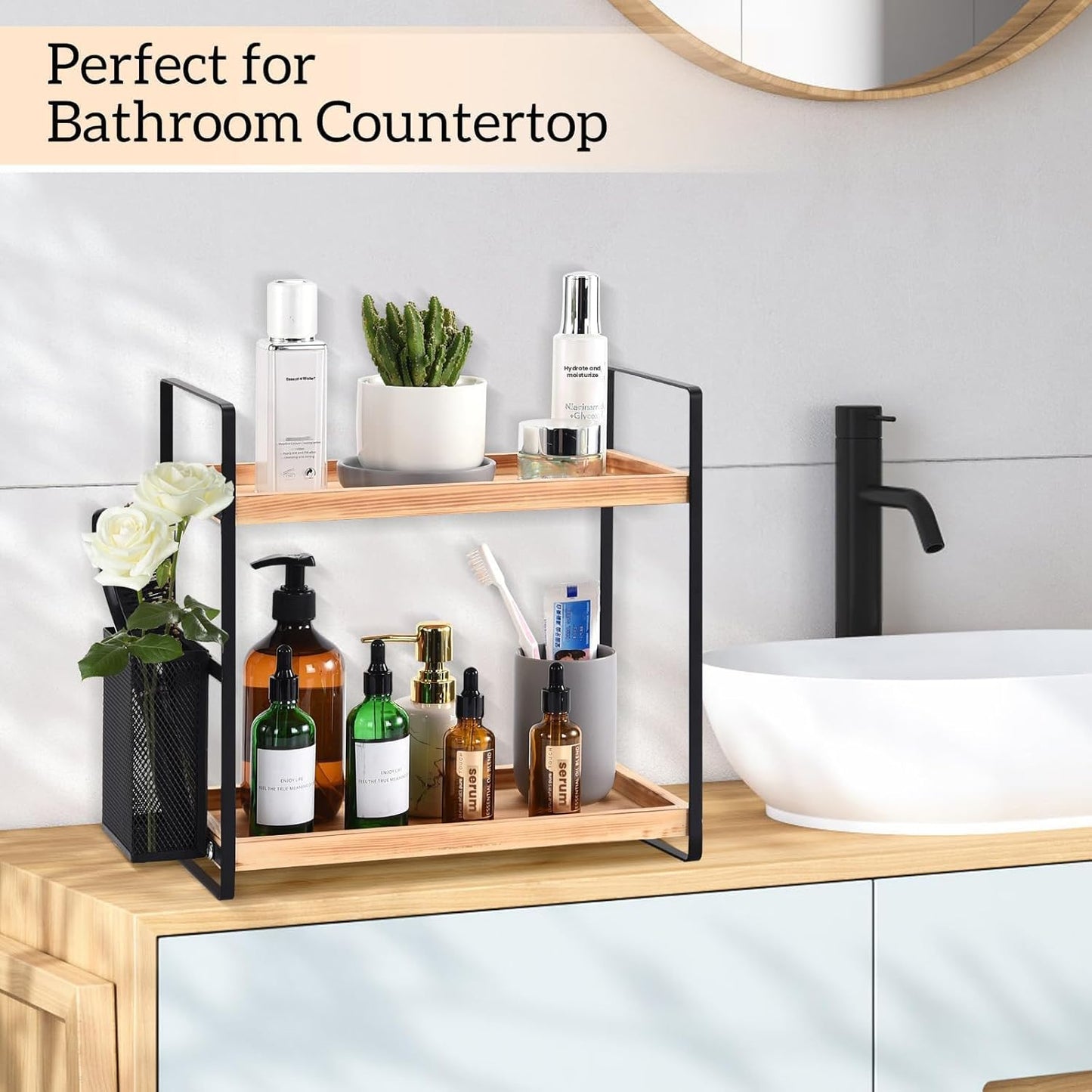 LEMIKKLE 2-Tier Wood Coffee Bar Organizer With Basket,Kitchen organizers and storage,Spice Rack Organizer for Countertop,Kitchen