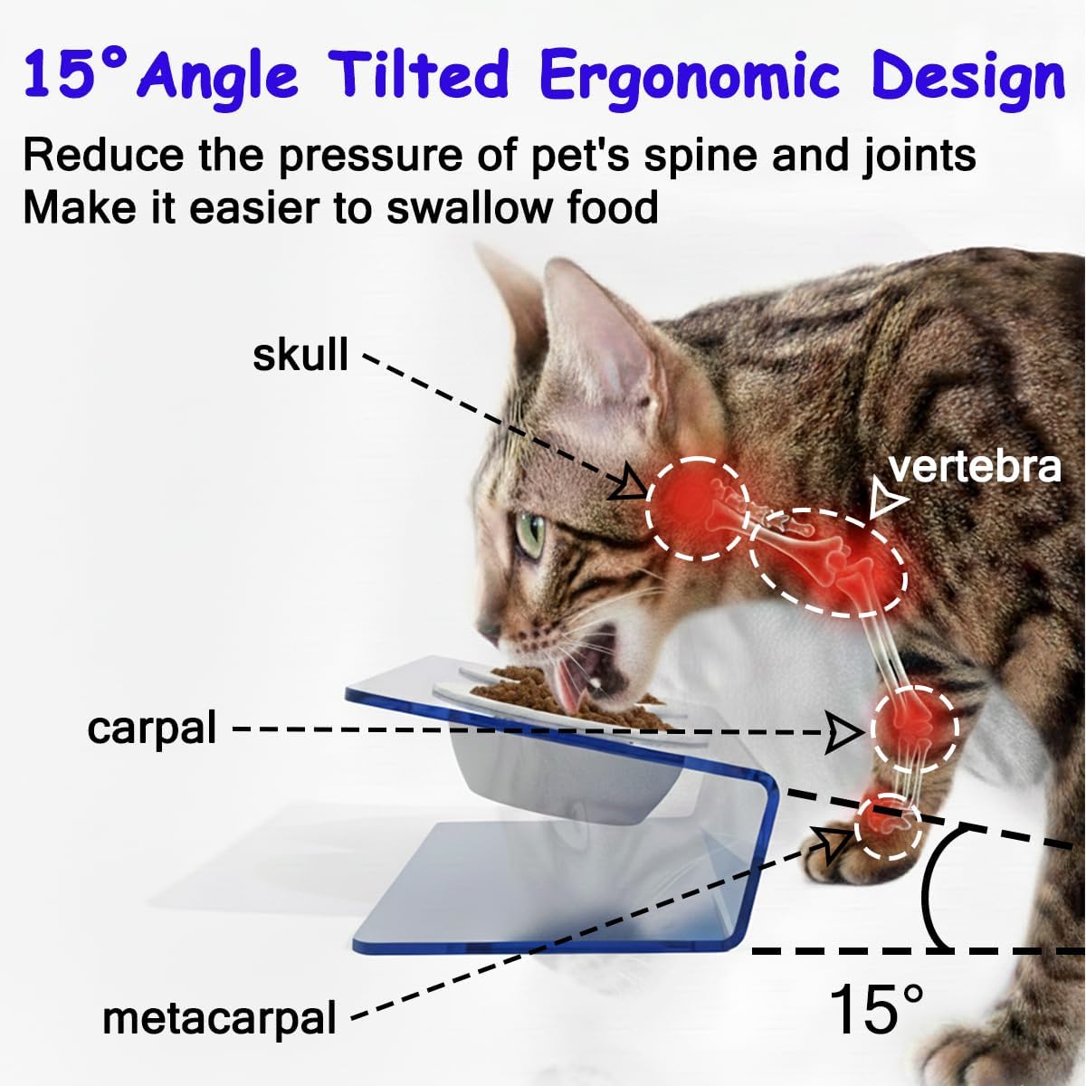 Elevated Cat Bowls Set for Indoor Cats, Blue Acrylic Stand with 2 Ceramic Bowls for Food and Water, 15° Tilted Design for Anti-Vomiting & Ant Proof