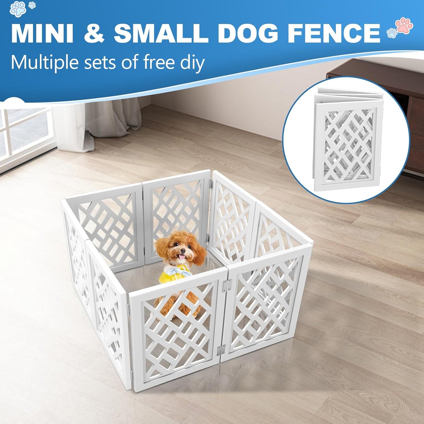 Cut-Out Design 16" Short Dog Gate for Small Dogs, Foldable Retractable Puppy Gate Indoor - Freestanding Lightweight Pet Barrier for Doorways, Stairs, Hallways (Extends to 41", White)