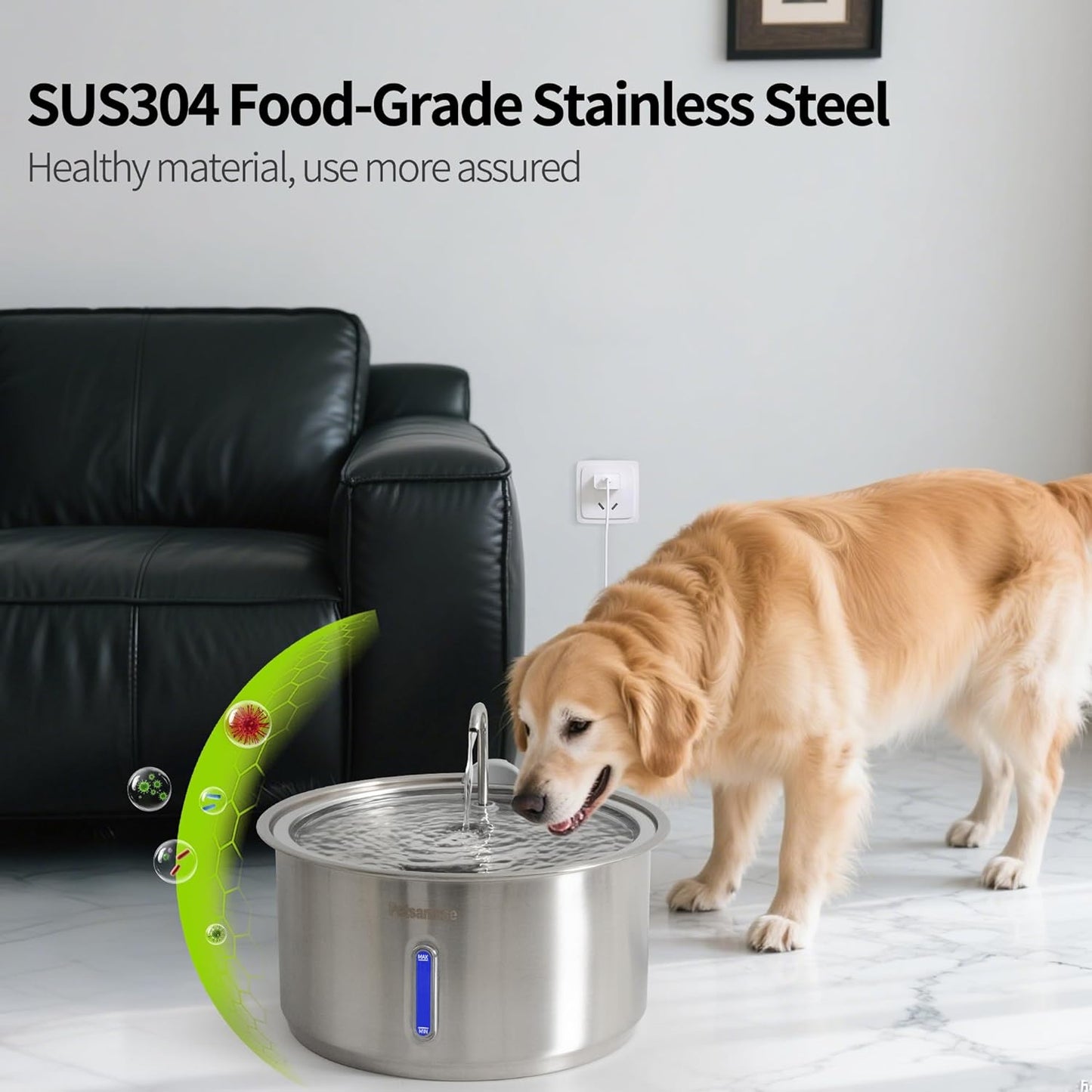 Dog Water Fountain, 11L/2.8Gal Quiet Dog Fountain Water Bowl with Visible Window Stainless Steel Dog Water Fountain with 2 Spray Modes and 15 Fliters for Large Medium Small Dogs Pets