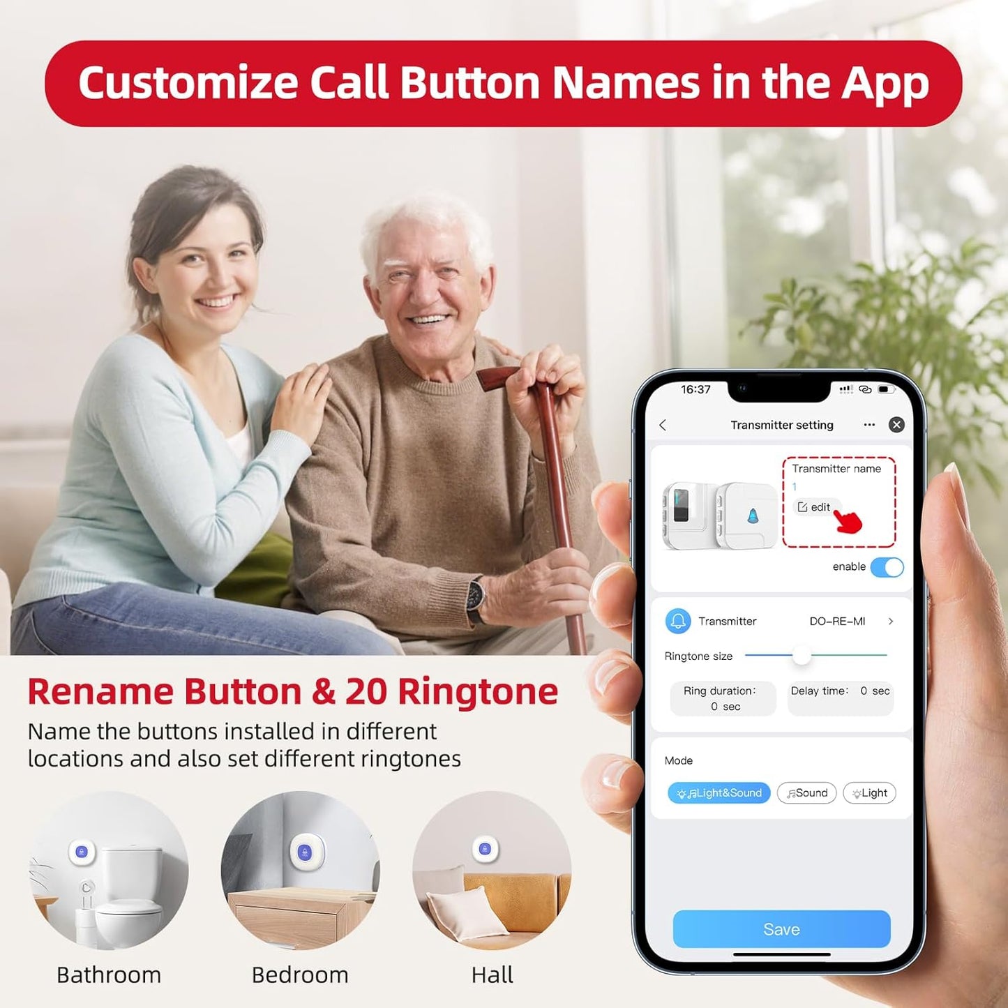 CallToU Wi-Fi Wireless Caregiver Pager Call Button for Elderly at Home , APP Emergency Alert for Seniors, Patients, and The Disabled