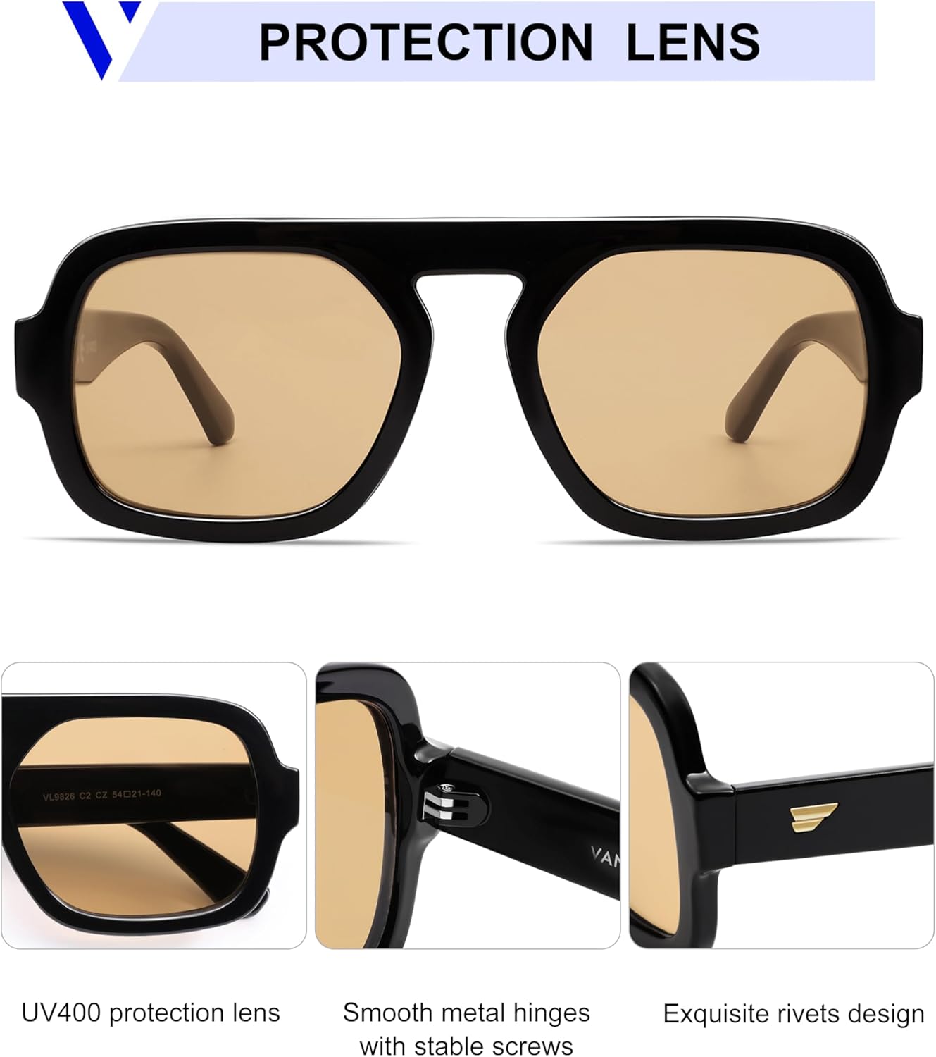 VANLINKER Oversized Retro Square Aviator Sunglasses for Women Men 70s Vintage Style Trendy Big Flat Top Sun Glasses VL9826