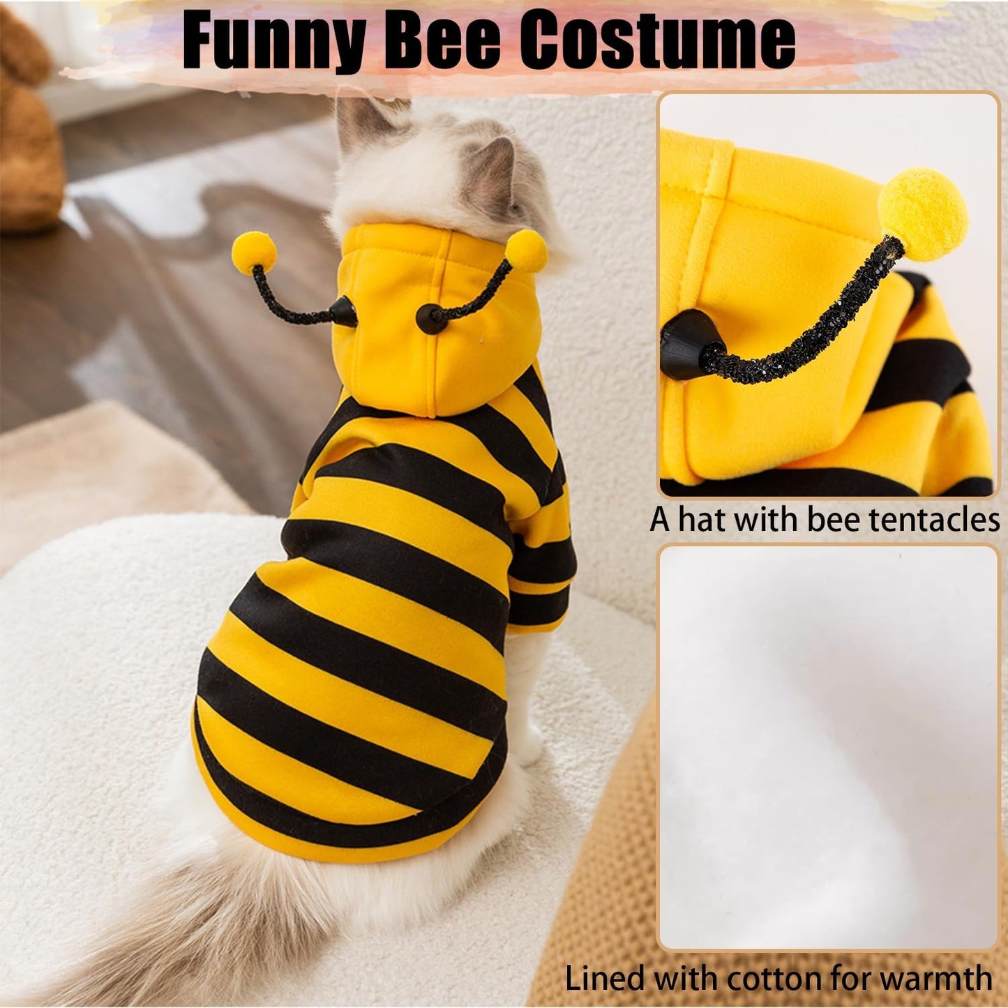 DENTRUN Sphynx Hairless Cats Costume Funny Bee Warm Winter Sweater Cute Pullover Kitten Shirts Breathable Cat Leisure Wear Turtleneck Vest Adorable Cat's Clothes Jacket Pajamas Jumpsuit, L