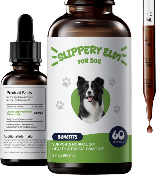 Slippery Elm for Dogs Liquid Drops, Organic Slippery Elm Bark Extract, Gut and Throat Comfort Support, Easy Mix-in Dog Supplement, Bacon Flavor, 2 fl oz
