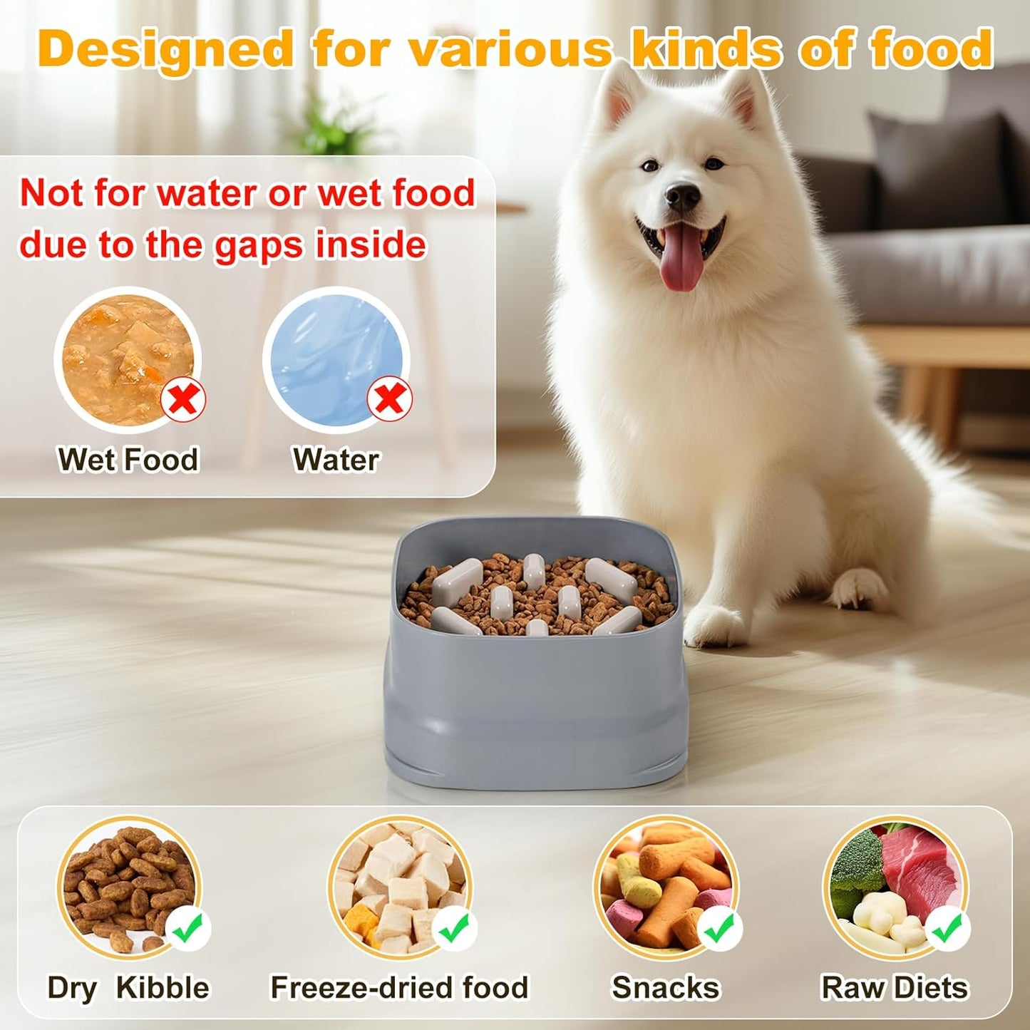 Sunhoo Slow Feeder Dog Bowls Large Breed Puppy Puzzle Feeding Dish Maze Feed Bowl Small Medium Dogs Plate Adjustable Ridges to Slower Down Eating Anti-slip Easy to Clean Indoor Use 7.5*7.5*4 in(Grey)