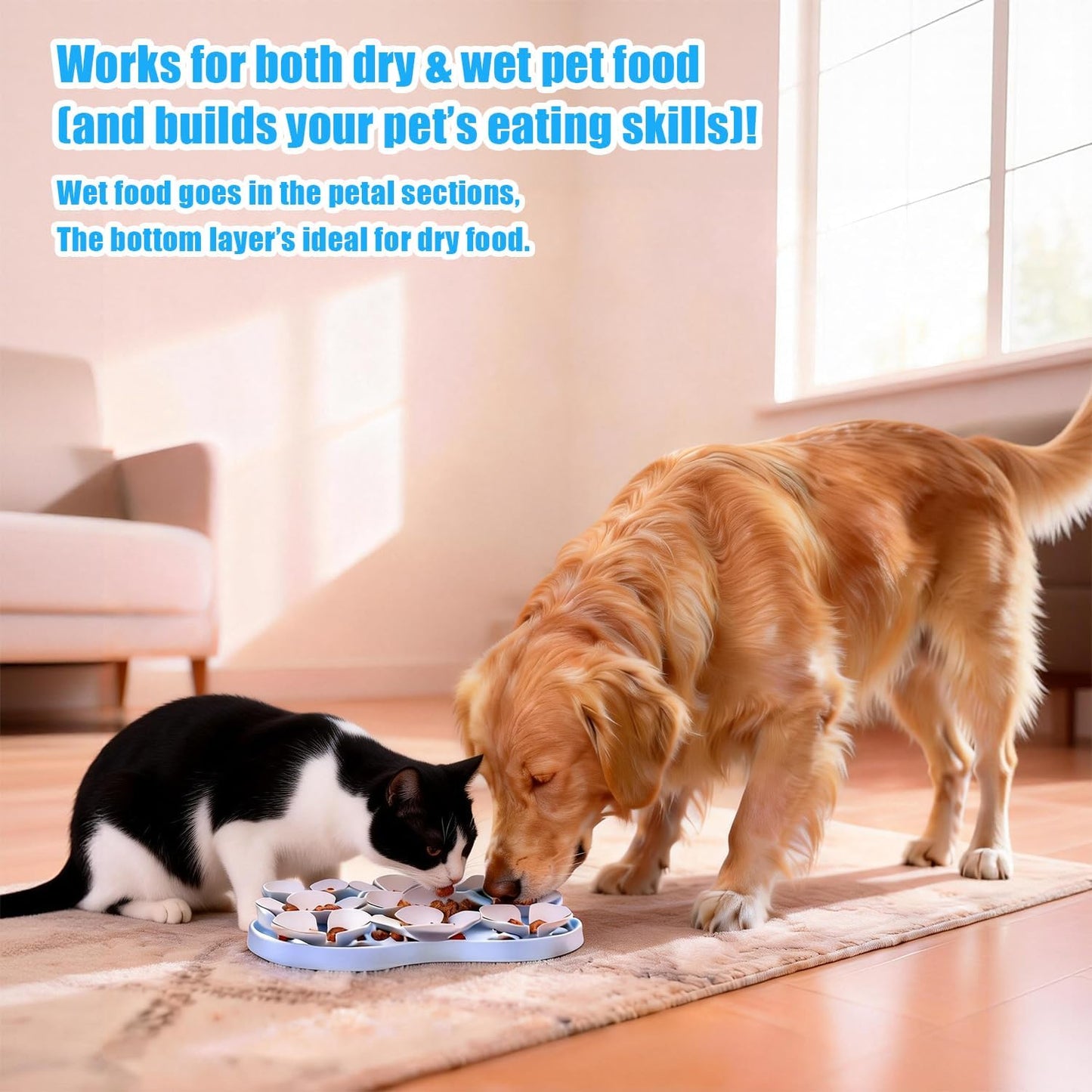 Slow Feeder Bowl for Dogs and Cats - Non-Slip Licking Mat with Suction Cups, Treat Puzzle & Anti-Choke Feeding Pad, Flower Petal Silicone (Blue and Grey)