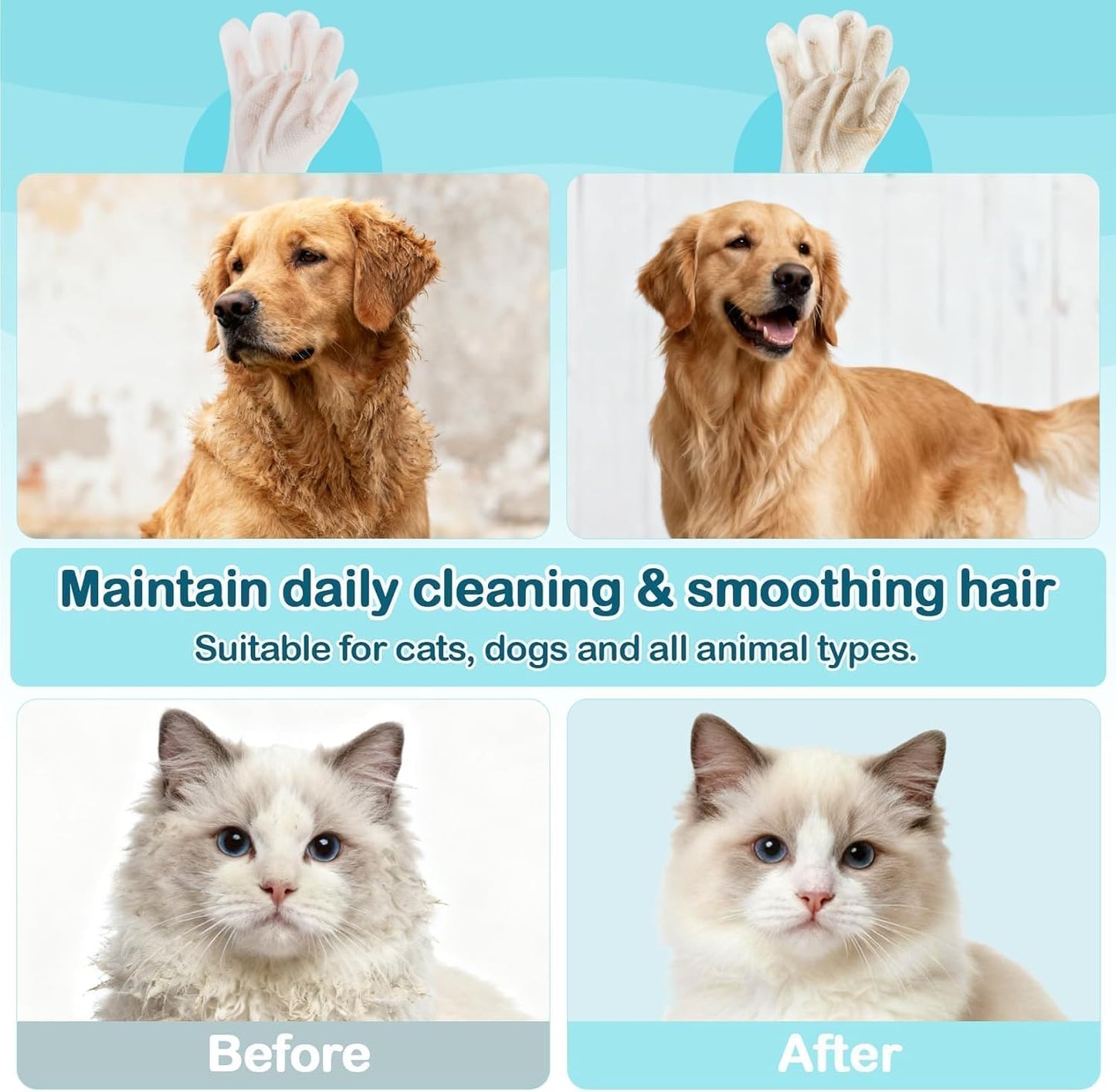 8PCS Pet Glove Wipes for Dogs Individual Pet Cleaning Gloves,Gentle Hydrating & Nourish Fur,Grooming Gloves for Dog & Cat Fur Horse Coat Care，Pet Bathing Wipes for Daily Care,Travel