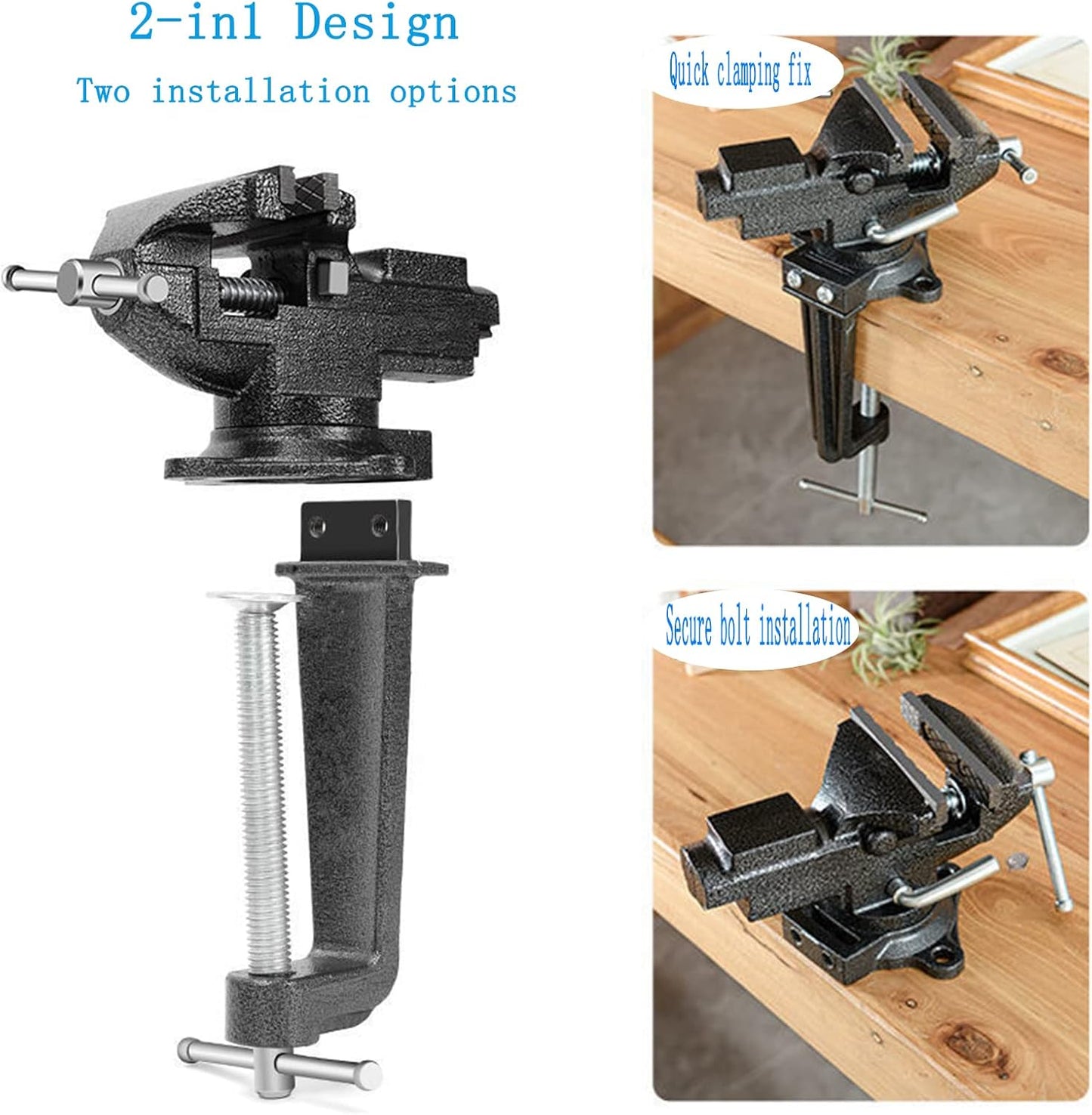 MYTEC Bench Vise or Table Vise, multifunctional jaw, multi-functional Combined Vise with Quick Adjustment, Universal Rotate 360° Work Clamp-On Vise, 3.3" black