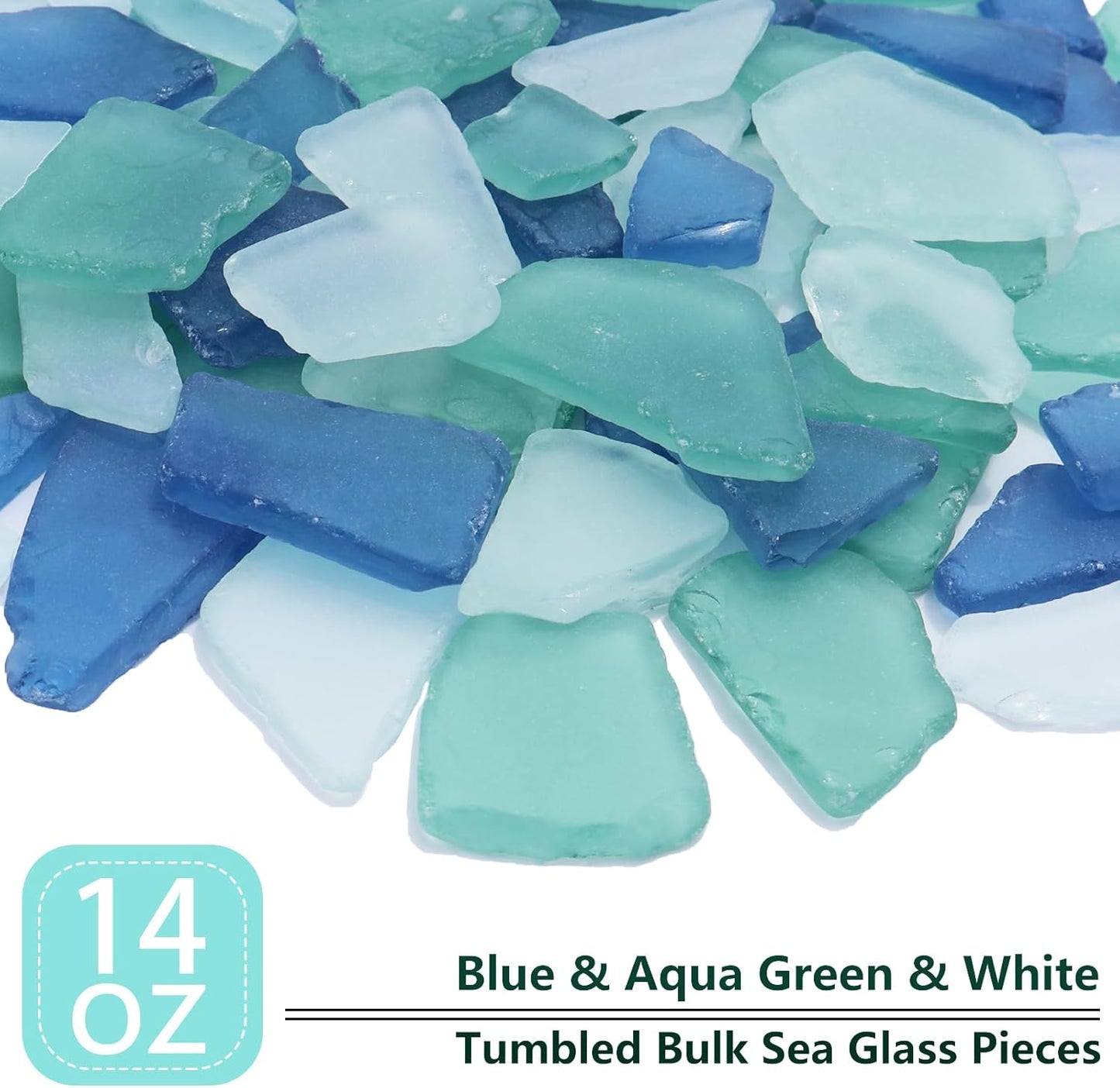 Sea Glass for Crafts - 14oz Frosted Seaglass Pieces - Vase Filler and Aquarium Ornament, DIY Craft Supplies for Art, Beach Weddings, and Home Decor (Blue, Aqua Green, White)