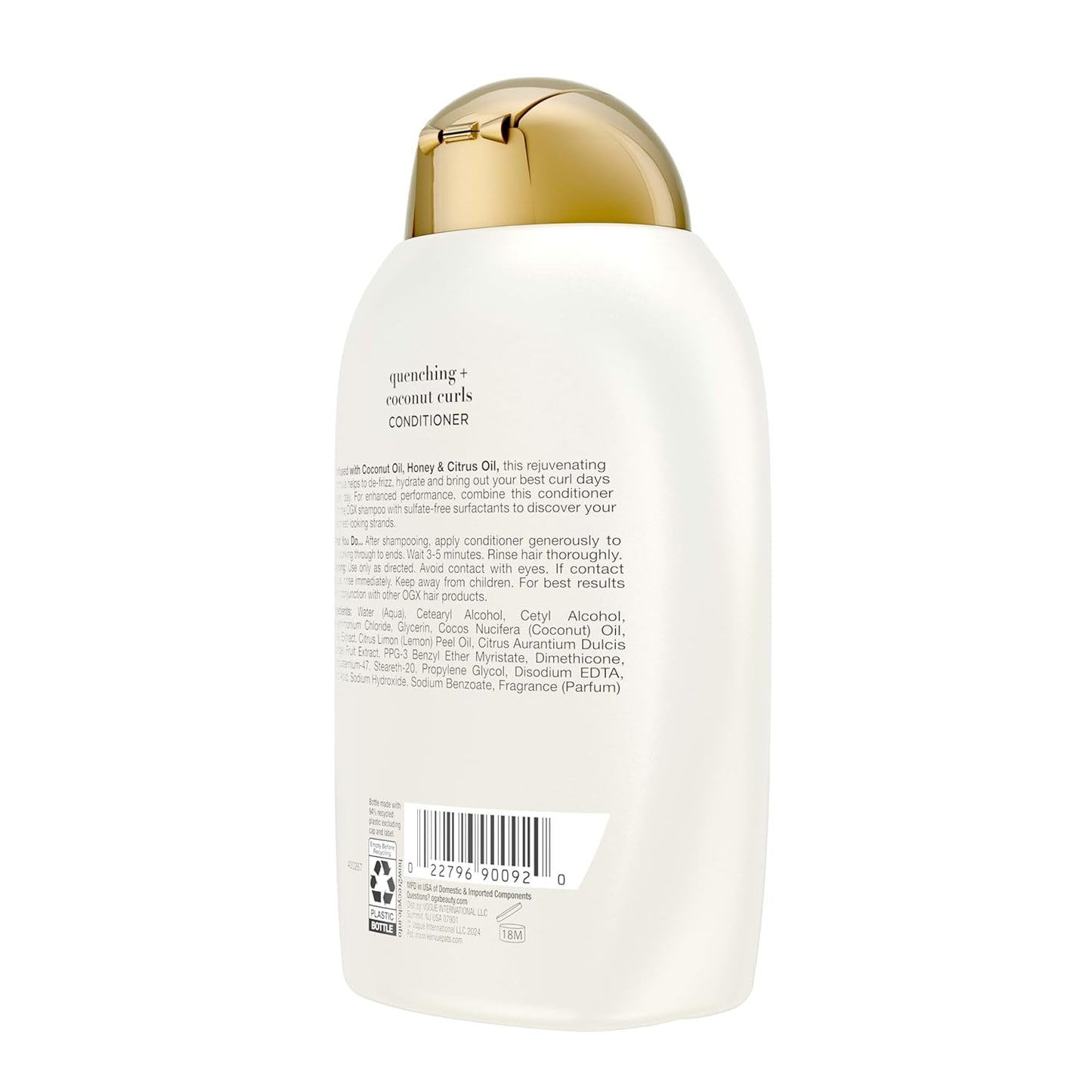 OGX Quenching + Coconut Curls Curl-Defining Conditioner, Nourishing Curly Hair Conditioner with Coconut /Citrus Oil & Honey, Paraben-Free with Sulfate-Free Surfactants, 13oz