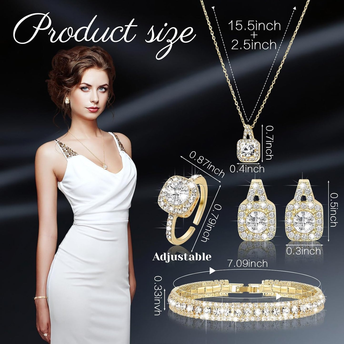 5 Pcs Rhinestone Jewelry Set for Women Glitter Bling Clutch Purse Necklace Earrings Bracelet Ring for Bride Wedding