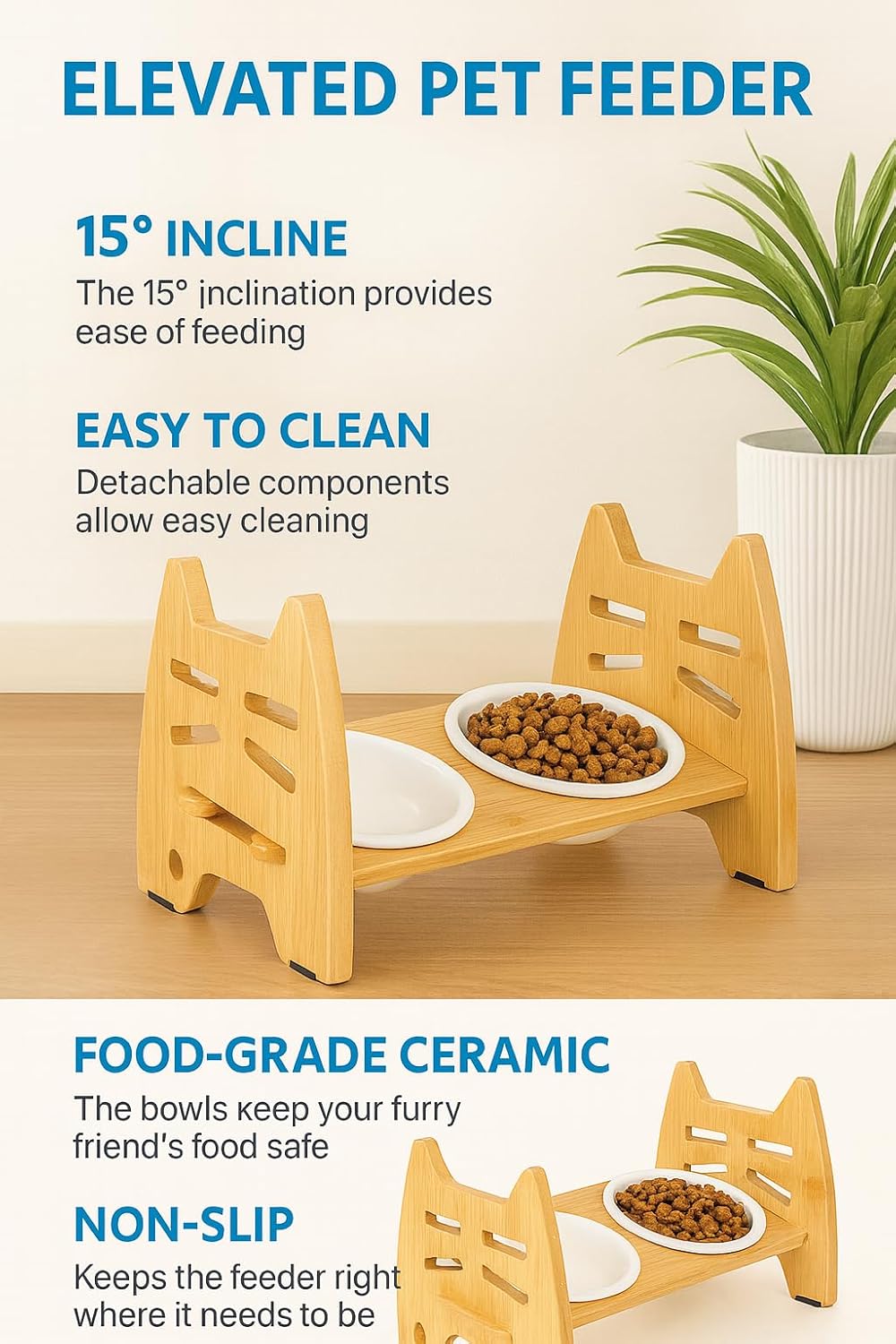 Elevated Dog Bowl Stand with 15° tilt, Adjustable Raised Dog Bowl, Ceramic Bowls, Non-Slip Feet, Foldable Design for Small Dogs and Cats, Slow Feeder Dog Bowls, Better Feeding Posture, Puppy Bowl