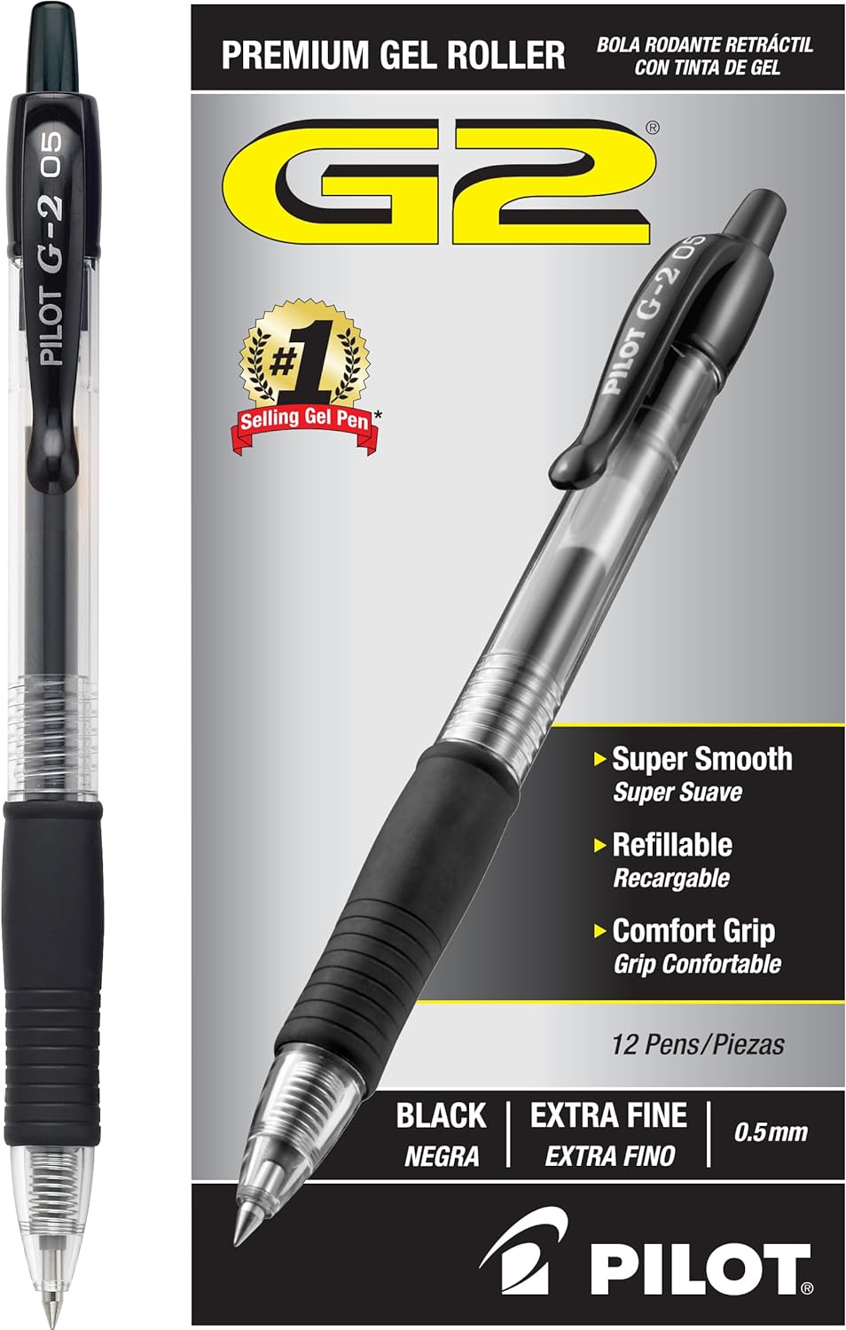 PILOT G2 Premium Refillable and Retractable Rolling Ball Gel Pens, Extra Fine Point, Black Ink, 12-Pack (31002)