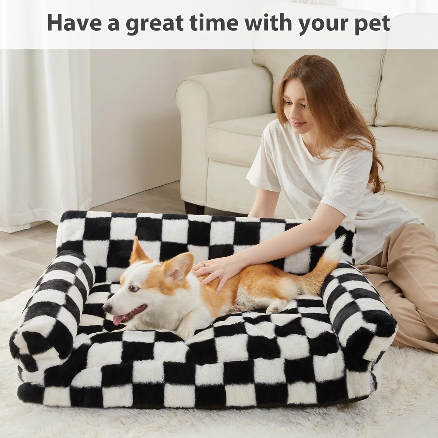 BFPETHOME Dog Couch Bed, Cute Pet Sofa with Non-Slip Bottom, Checkered Dog Bed with Washable Cover, XL Pet Couch (Black&White)