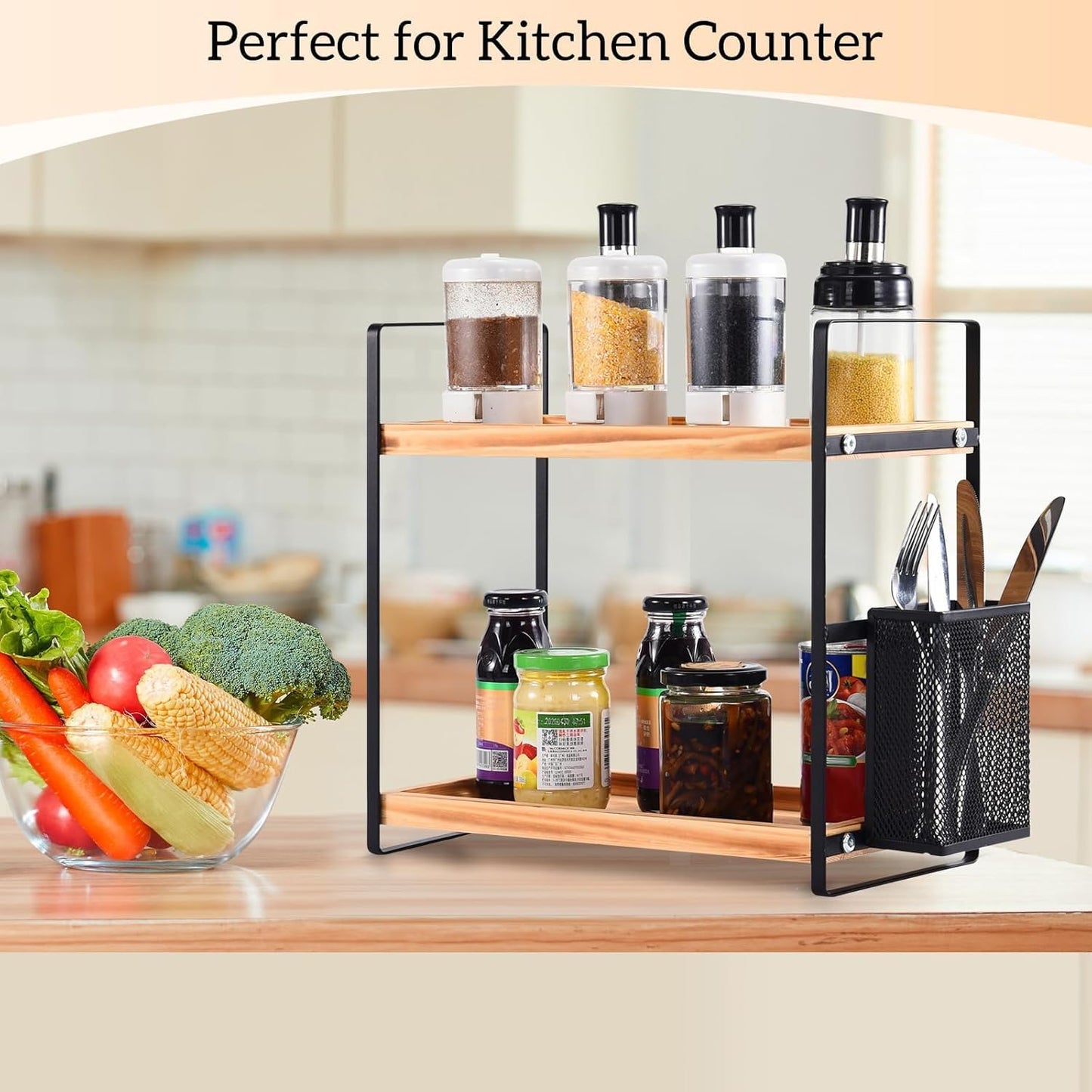LEMIKKLE 2-Tier Wood Coffee Bar Organizer With Basket,Kitchen organizers and storage,Spice Rack Organizer for Countertop,Kitchen