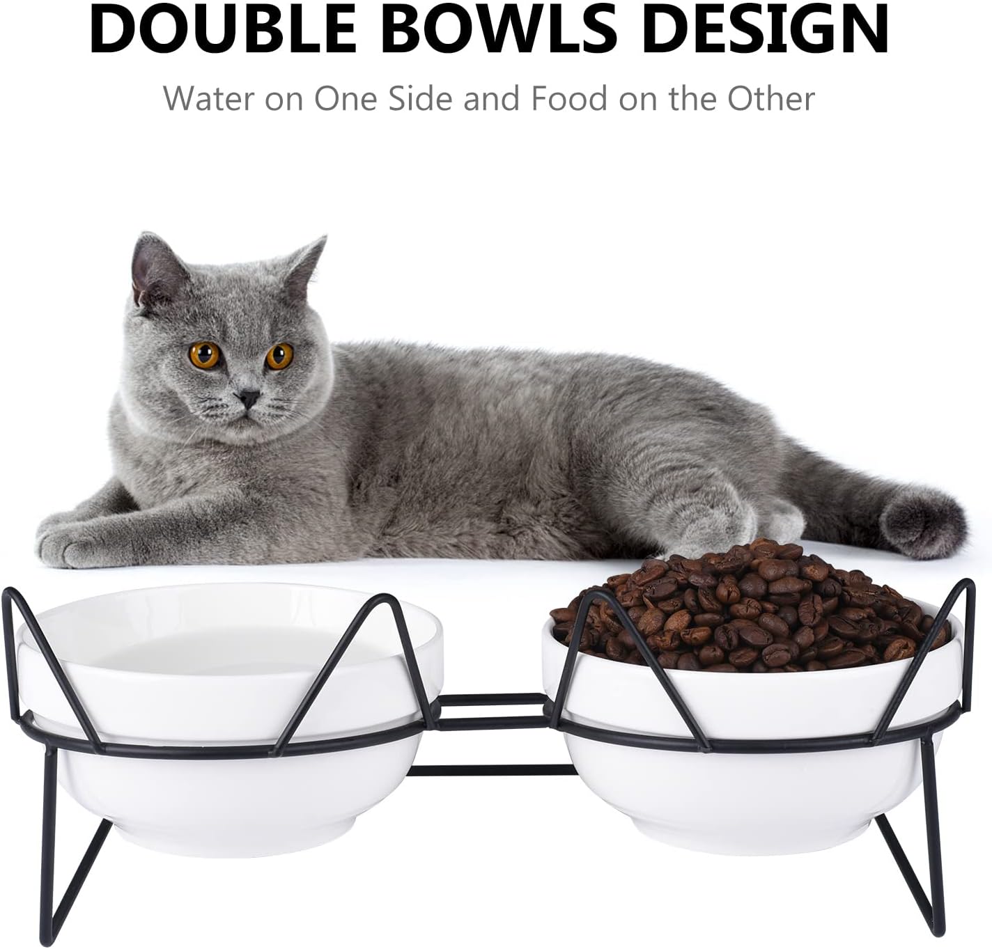 Cat Bowls, Double Ceramic Pet Bowls with 15°Tilted Raised Stand for Food and Water, Anti Vomiting Dish Feeder, Perfect Puppy Cats Small Dogs(Black Stand), LLNVBP1966