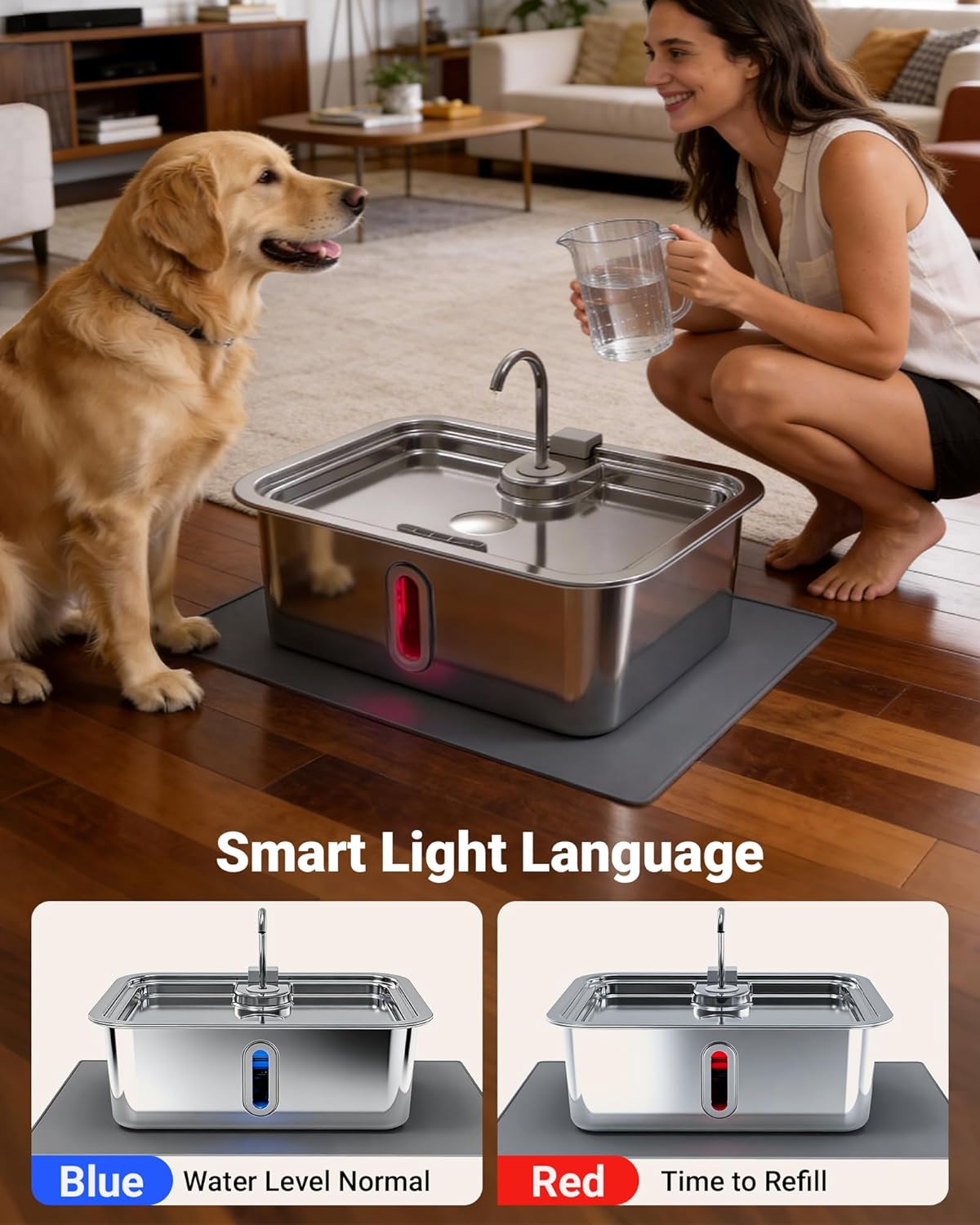 15L/3.96Gal Extra Large Dog Water Fountain Bowl with Visual Alert, Pet Feeding Mat and 3 Filters Kit, Automatic Water Dispenser for Dogs Cats