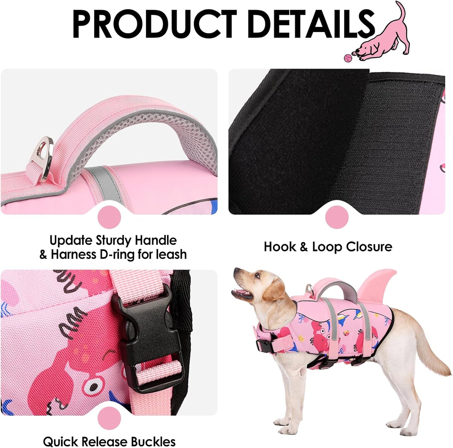 AOFITEE Dog Life Jacket, Dog Life Vest for Swimming, Shark Dogs Swimming Vest with Rescue Handle and Reflective Stripe, Ripstop Pet Float Coat Swimsuit Lifesaver Small Medium Large Dogs Pink S