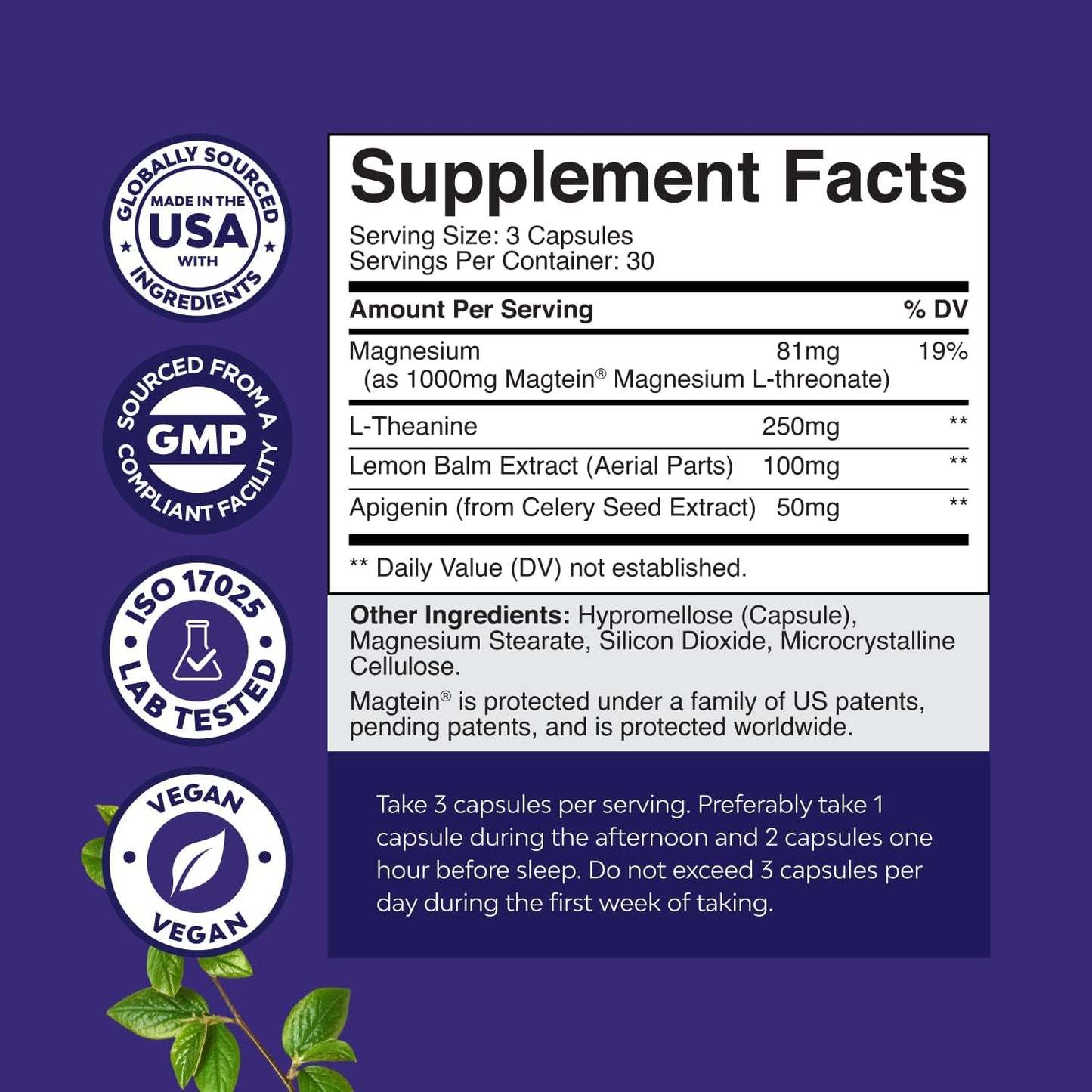 High Absorption Magnesium Sleep Supplement - Rest Support Magtein Magnesium L-Threonate and Apigenin Theanine for Sleep and Rest for Women & Men - Mg L-Threonate Melatonin Free Sleeping Aid - 90 Ct