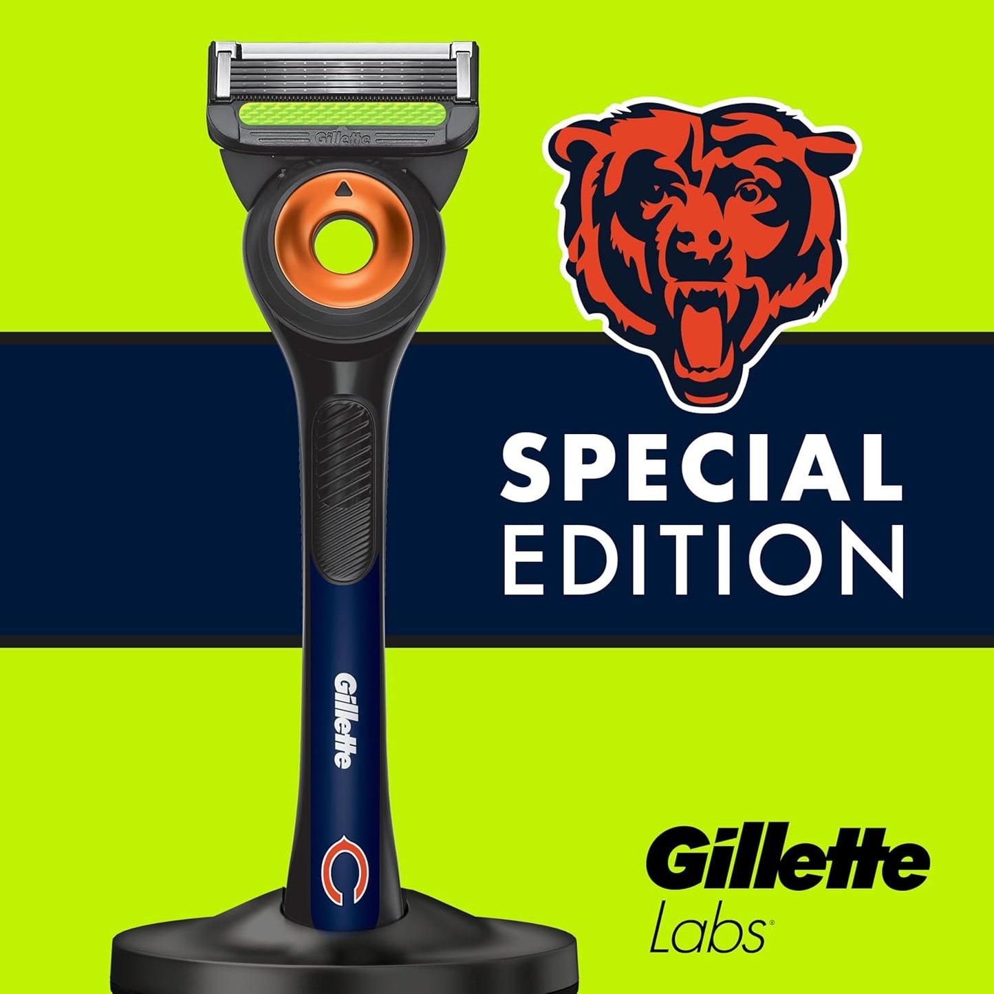 Gillette Labs Special NFL Bears Edition Shaving Razor for Men - 1 Handle, 4 Razor Blade Refills & Magnetic Stand, GilletteLabs with Exfoliating Bar