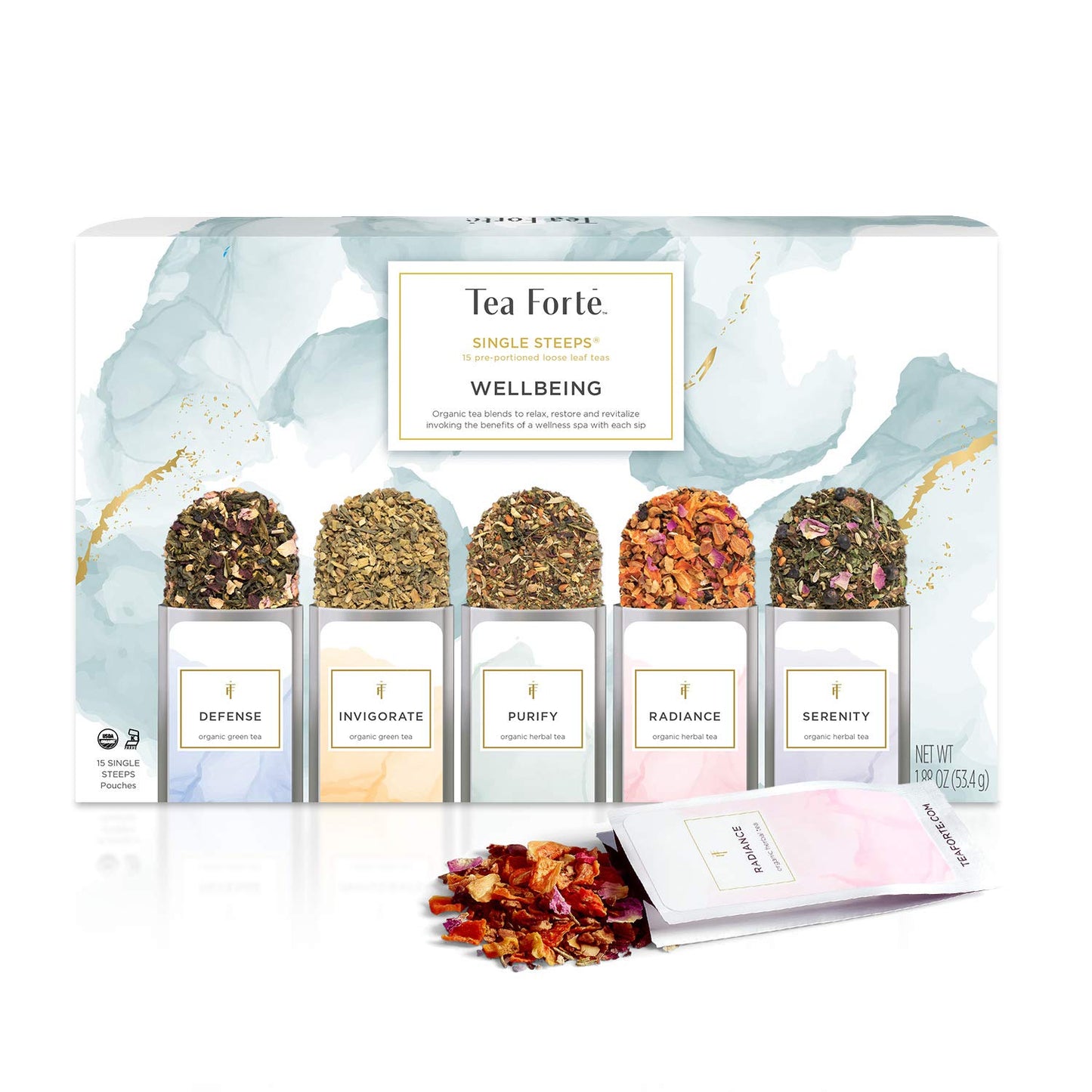 Tea Forte Single Steeps Loose Leaf Tea Sampler, Assorted Variety Tea Box, 15 Single Serve Pouches, Wellbeing Tea