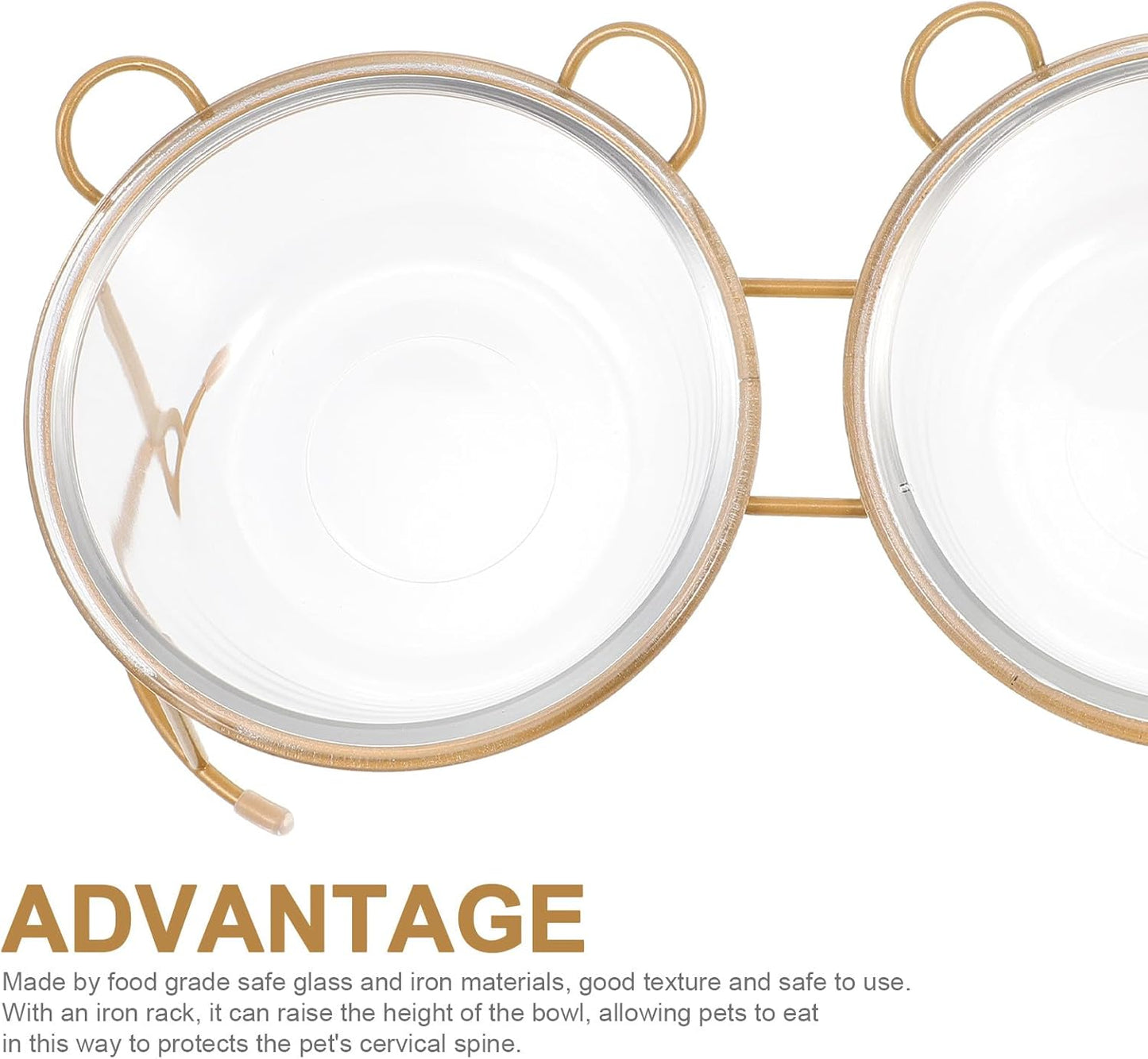 PRETYZOOM Glass Double Raised Cat Food Bowl with Bright Gold Stand, Household Glass Dog Bowl for Pets, Elevated Pet Feeding Station for Cats and Dogs