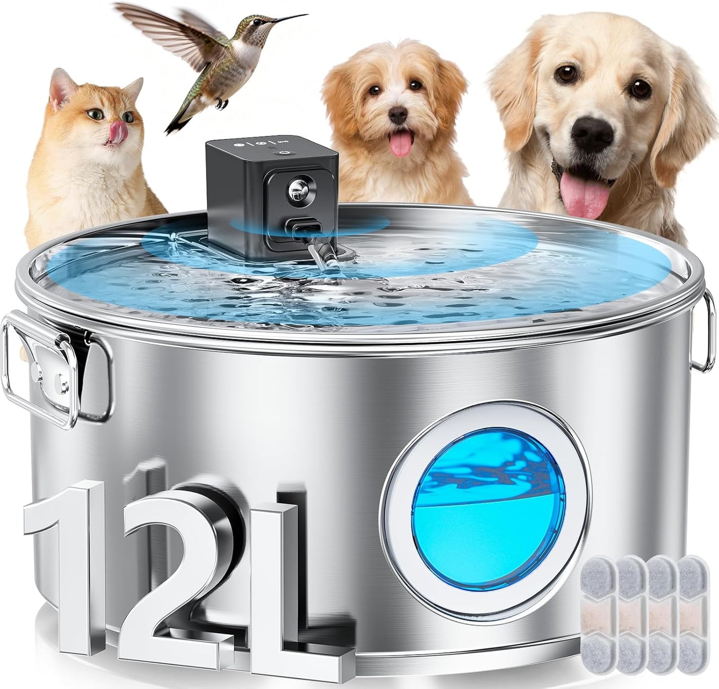 3.4Gal Wireless Automatic Dog Water Fountain for Large Dogs，12L Stainless Steel 3 Modes Dog Fountain Water Bowl Dispenser, Multi Large Pet Water Fountain Ultra Quiet & Multi-Filteration