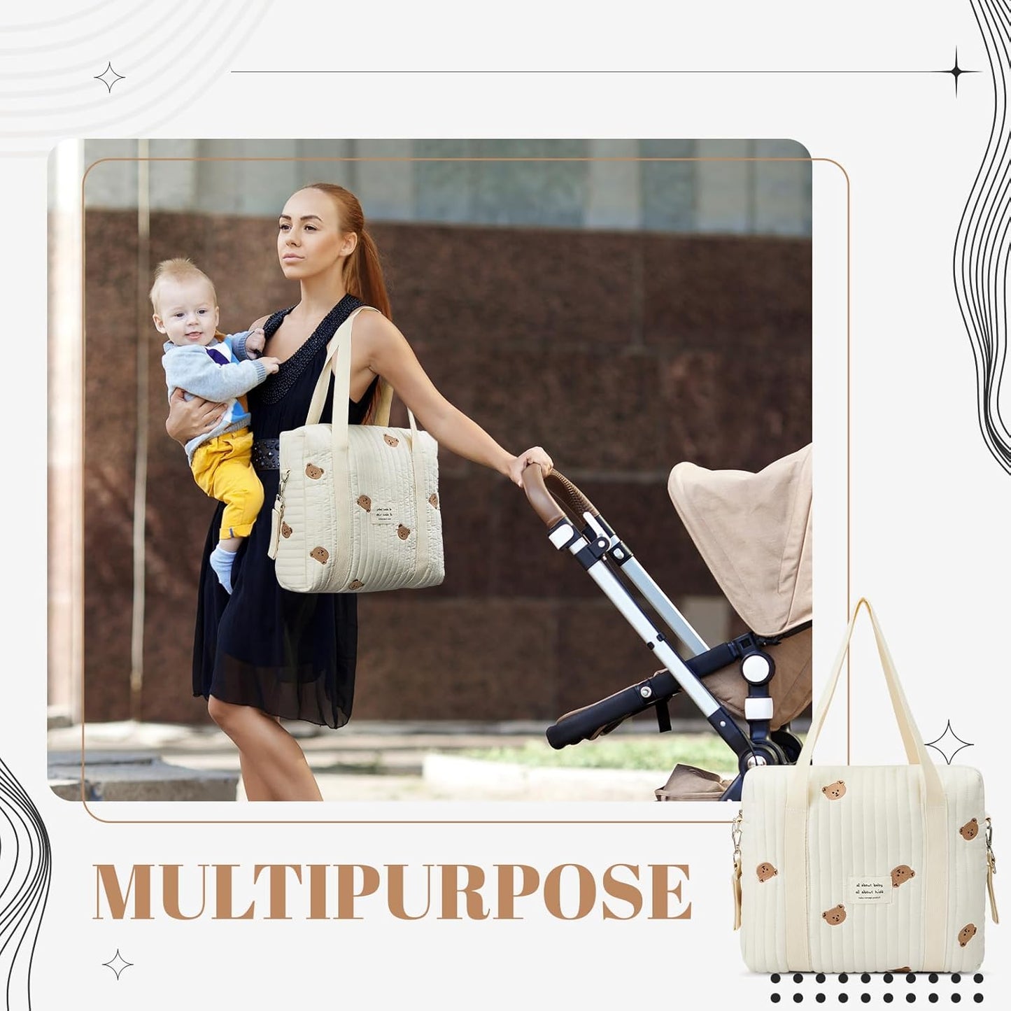 Paterr 2pcs Quilted Diaper Bag Tote Set Multifunction Cotton Maternity Hospital Bag Overnight Travel Handbag for Women Nurse