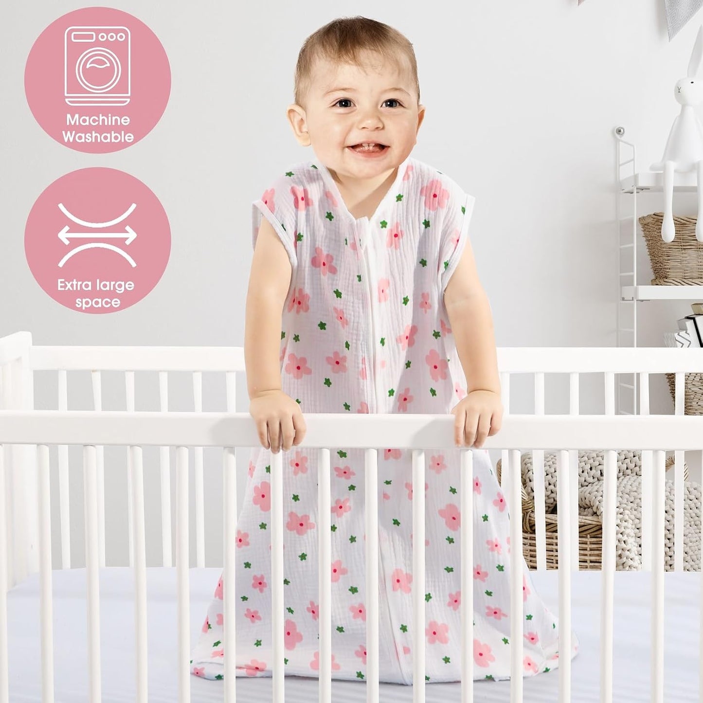 2 Pack Baby Sleep Sack 0-6 Months 100% Cotton Muslin Baby Sleeping Bag 2-Way Zipper Wearable Blankets (Flower & Cherry, Small)
