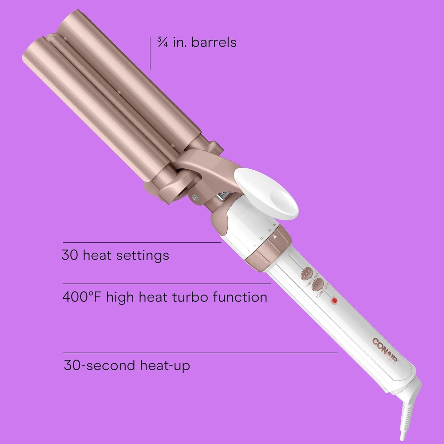 Conair Double Ceramic 3 Barrel Curling Iron, Triple Barrel Waver Hair Tool Creates Deep, Continuous Waves, Hair Curler for All Hair Lengths, White/Rose Gold