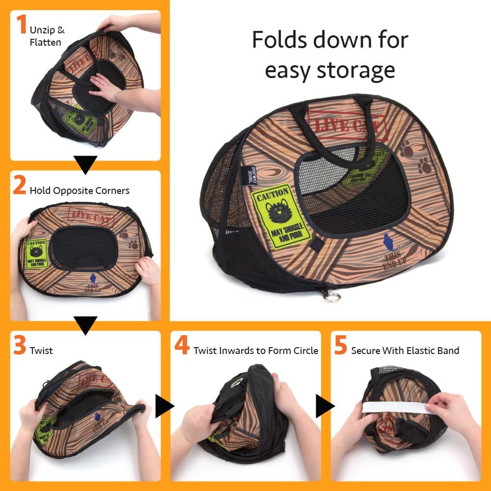 SportPet Designs Pop Open Cat Carrier, Soft-Sided Collapsible Travel Carrier for Cats up to 15 lbs, Lightweight Portable Design with Mesh Ventilation & Secure Zippers, Patterned Live Cat
