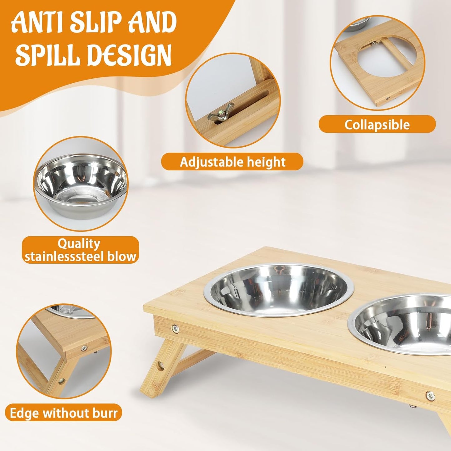 Dog Bowls Elevated,Adjustable Raised Cat Bowl Stand for Small Dogs and Cats Bamboo Pet Food Feeder with 2 Stainless Steel Dish Water Feeding Set