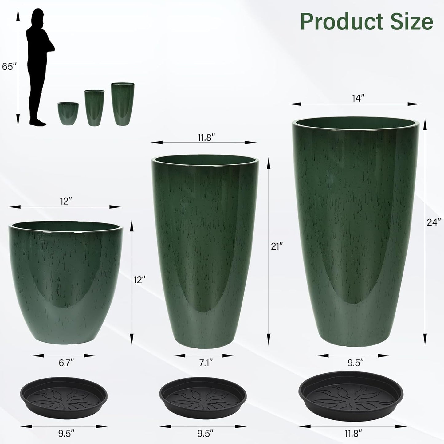 24/21/12 Inch Large Plastic Planter, Lightweight Ceramic-Look Tall Planters with Drain Hole & Saucers, Tall Plastic Planters for Porch, Garden, Patio, Balcony(Dark Green)