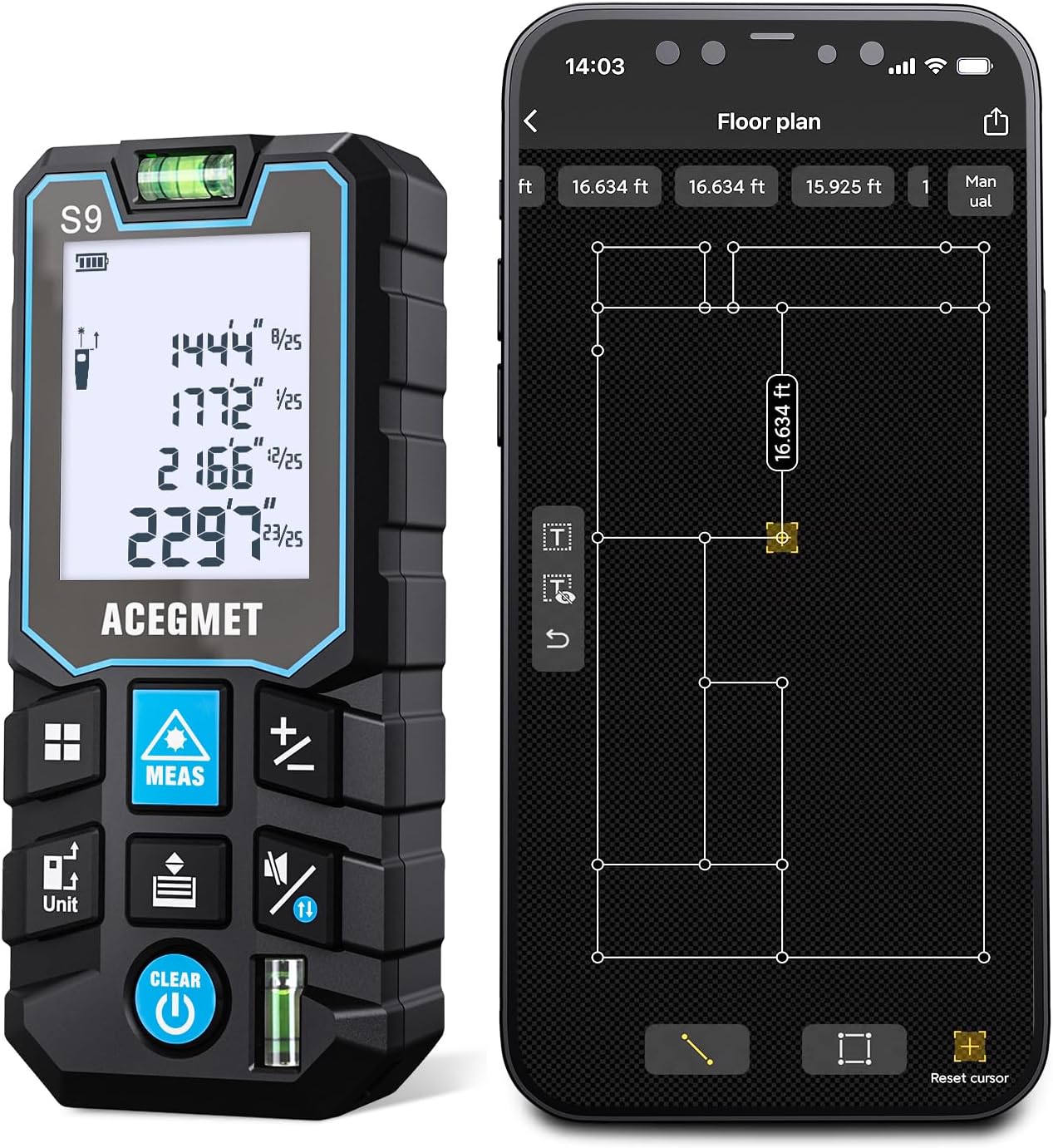 ACEGMET Laser Measure with Phone App, 229ft/70m Laser Measurement Tool with 2 Bubble Levels, LCD Backlit Display, IP54 Waterproof, Pythagorean Mode for Distance, Area, Volume