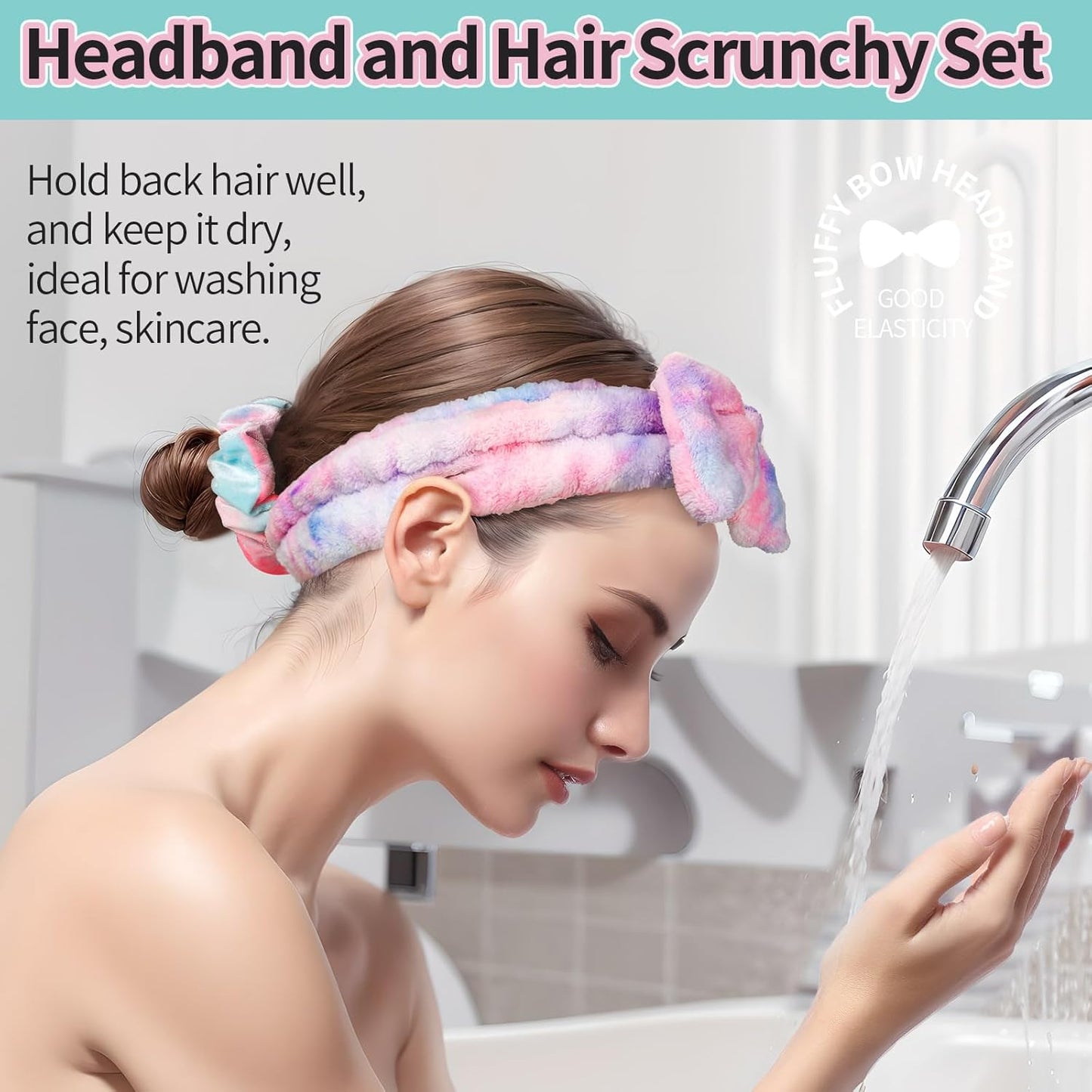 LEOBRO Spa Headband, 6pcs Makeup Headbands and Hair Scrunchies, Bow Skin Care Headband for Washing Face for Women Teen Girls, Hair Bands, Easter Basket Stuffers Valentines Galentines Day Gifts