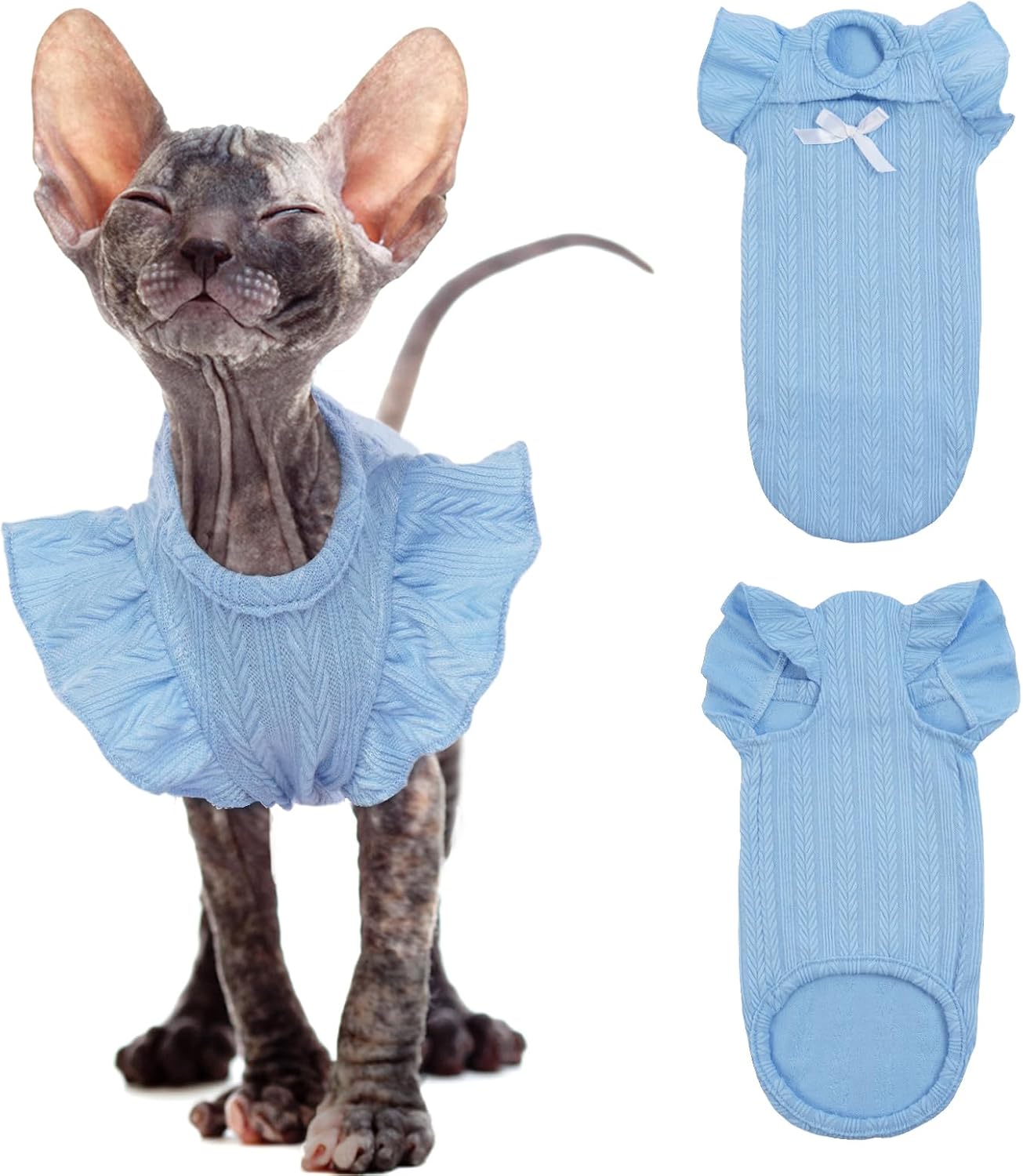 DENTRUN Sphynx Hairless Cats Shirt Pullover Kitten Clothes with Cute Flounced Sleeves Breathable Cat Wear Sweater Jumpsuit Sphynx Outfit Vest Blue XX-Large