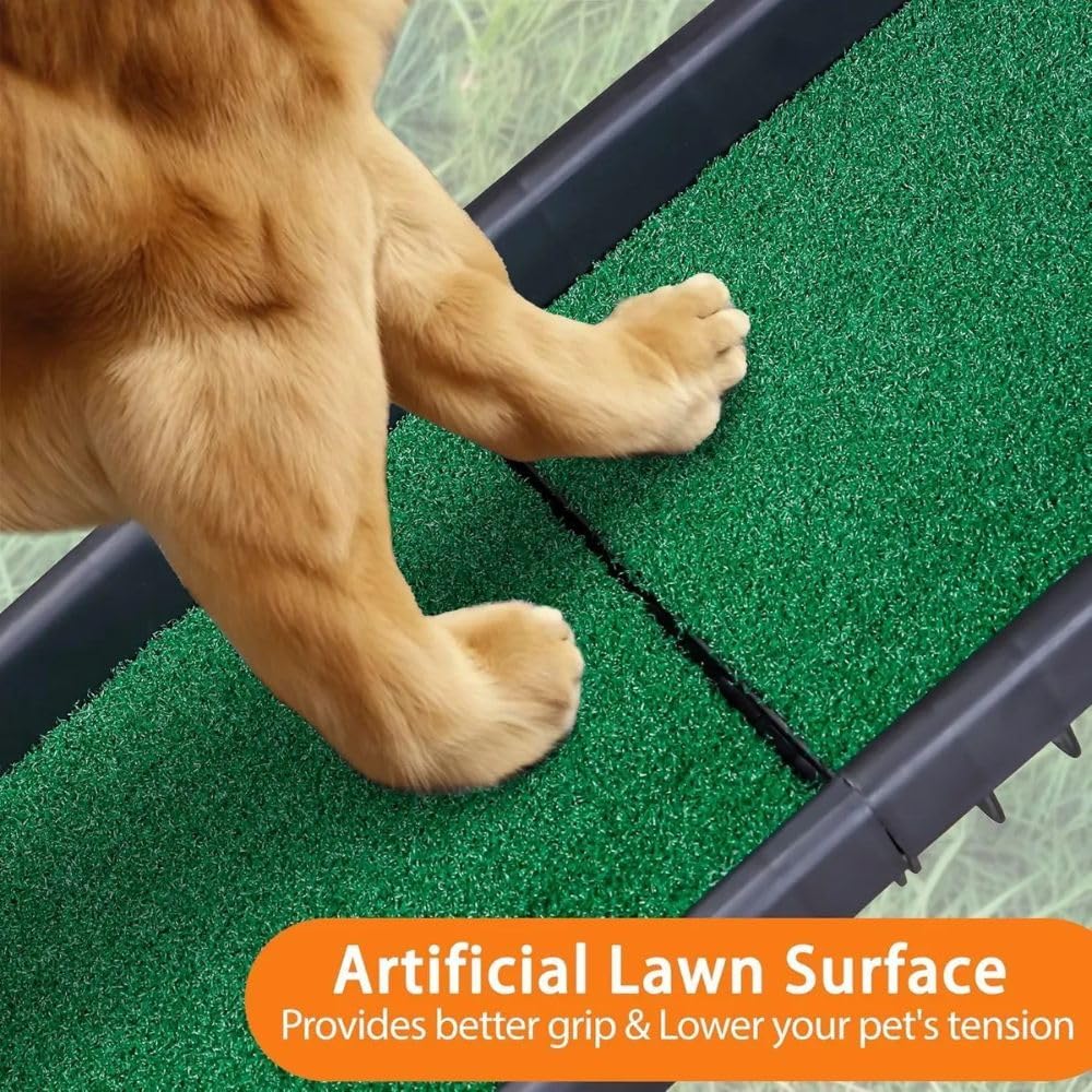 Dog Ramp for Car & SUV with Poly Grass Non-Slip Surface – Lightweight & Foldable Pet Ramp for Dogs, Includes 4 Towels & 2 LED Lights, Safe for Cars, Trucks, Beds, Couches & Stairs