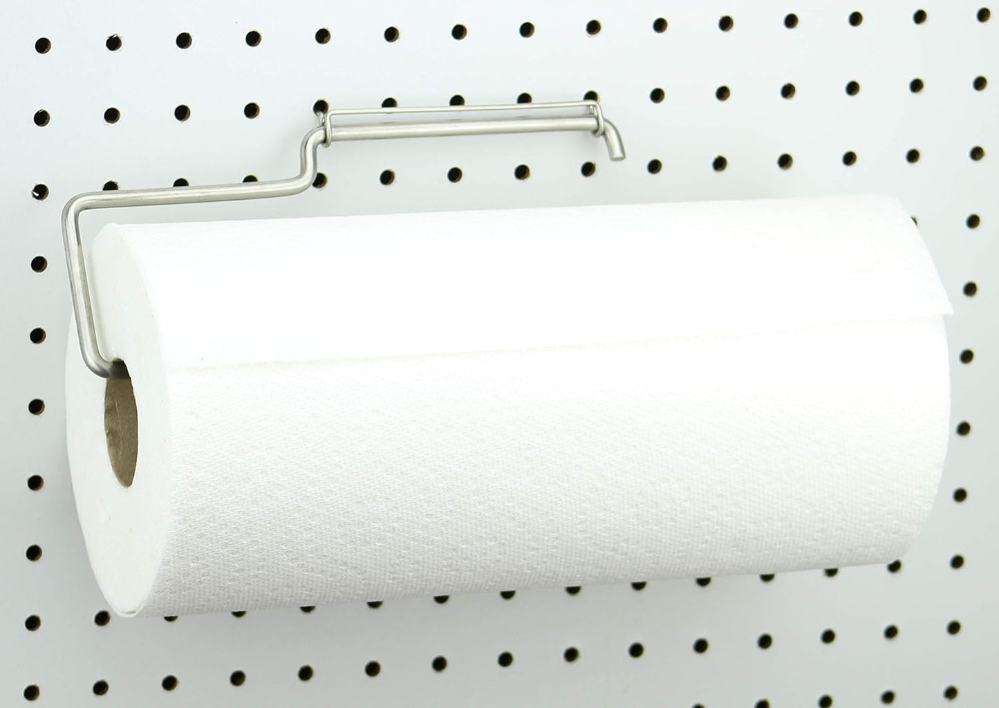 RightArrange One-Handed Tear Pegboard Paper Towel Holder - Stainless Steel - Hooks to Any Peg Board - Pegboard Accessories for Tool Shed, Garage, Workbench, Kitchen, Laundry or Craft Room Organization