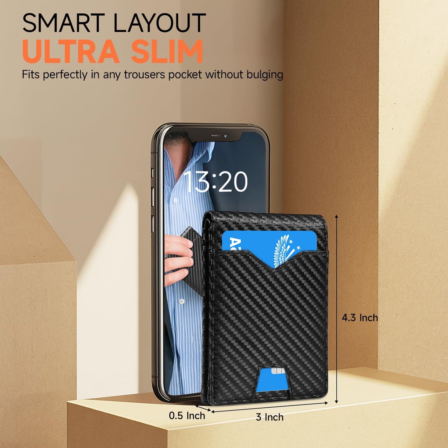 Man Slim Wallet Leather Money Clip RFID Blocking Front Pocket Minimalist Bifold Wallet Thin Credit Card Holder Carbon Black&Blue