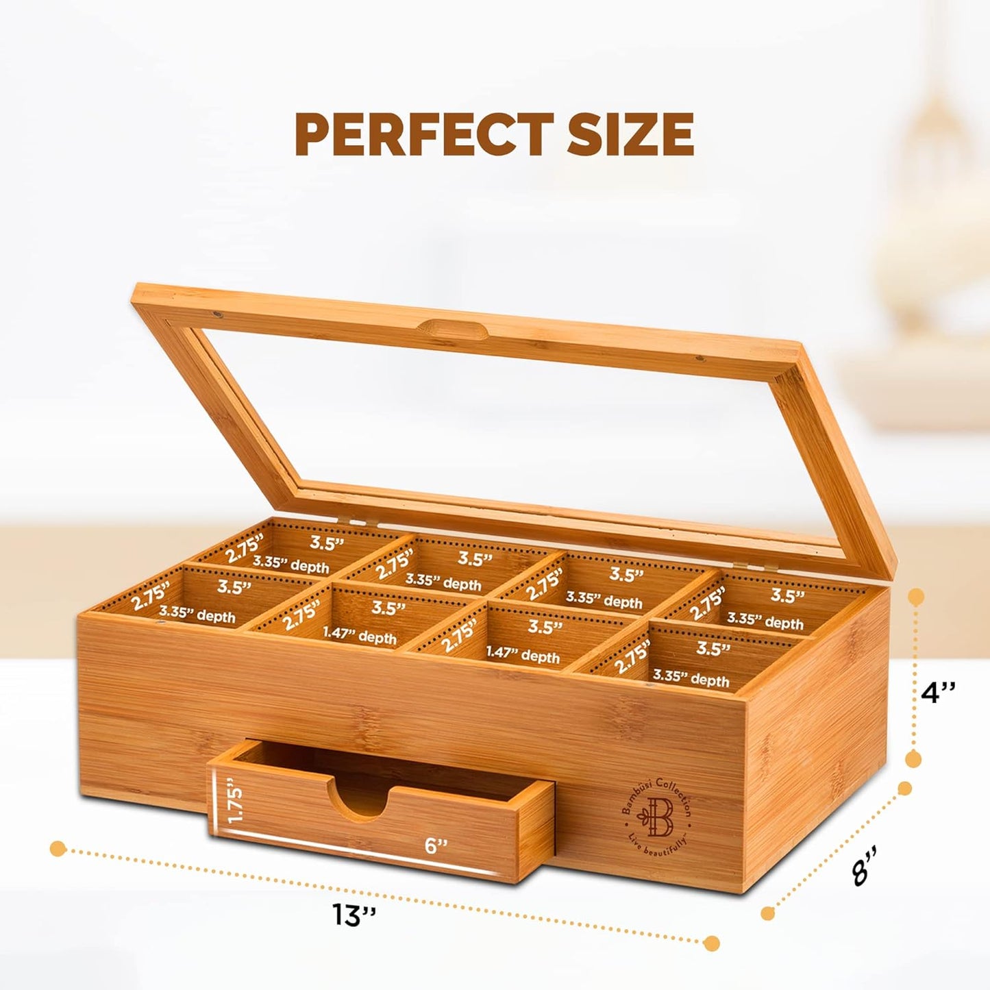 Bambüsi Tea Box Organizer with Drawer - 8 Compartment Bamboo Wooden Tea Storage Chest with Acrylic Window & Magnetic Lid - Tea Accessories & Gift Set for Women, Birthdays, House Warming Gifts New Home