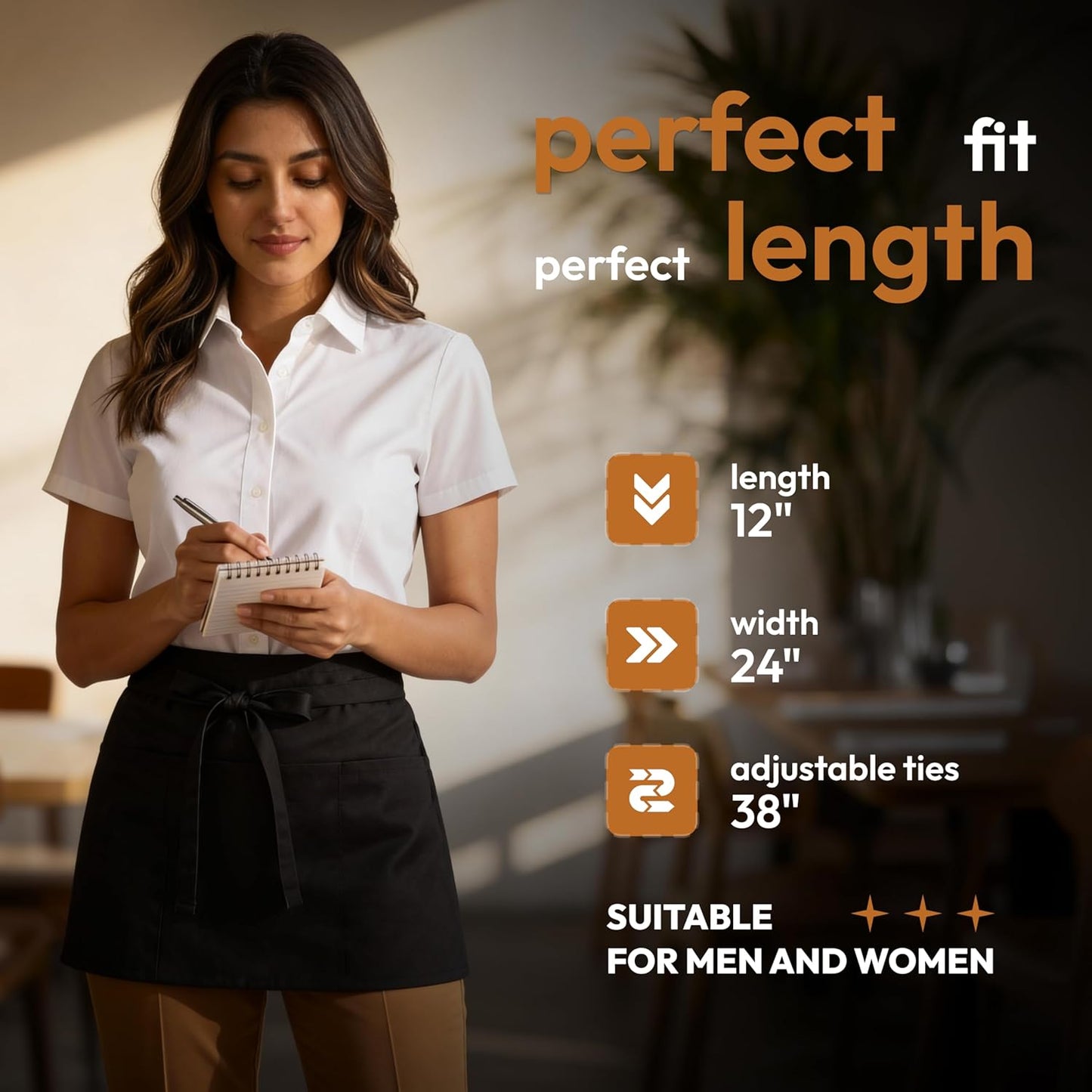 White Classic 3 Pack - Black Server Waist Aprons with 3 Pockets, Waitress Half Apron