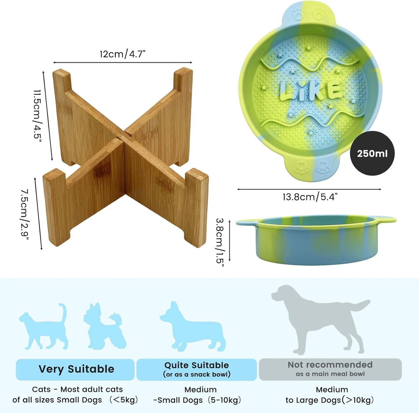 Daily Treasures Slow Feeder Cat Bowl with 15° Raised Bamboo Stand, Silicone Food Dish for Wet & Dry Food,Anti Vomit Interactive Pet Dish,Non-Slip Puzzle Food Bowls for Cats & Small Dogs(Blue & Green)