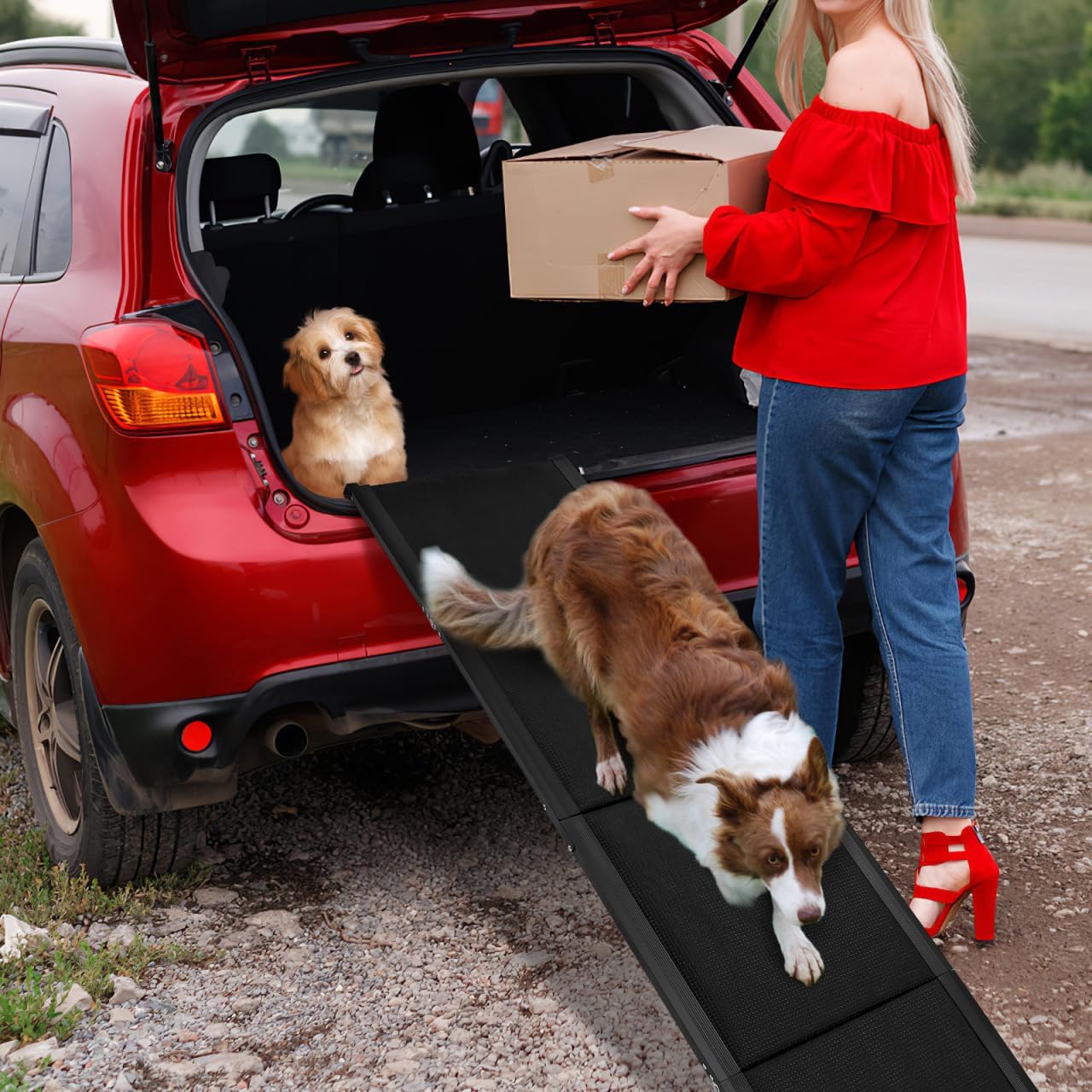 71''x 20'' Dog Ramp for Car, Foliding Dog Ramp with Non-Slip Rug Surface, Extra Wide Long Pet Stairs Supports Up to 300 LBS, Slow Slope Dogs Stairs for SUV, Truck, Large & Senior Pets