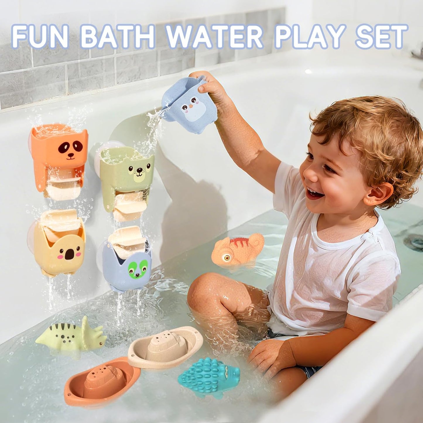 Baby Bath Toys for Kids Ages 1-3, 14 Pack Mold Free Toddler Bath Toys for 2-4 Bathtub Water Toys with Floating Boats&Cups and No Hole Bath Toy for Babies 6-12 Months Boy Girl Gifts