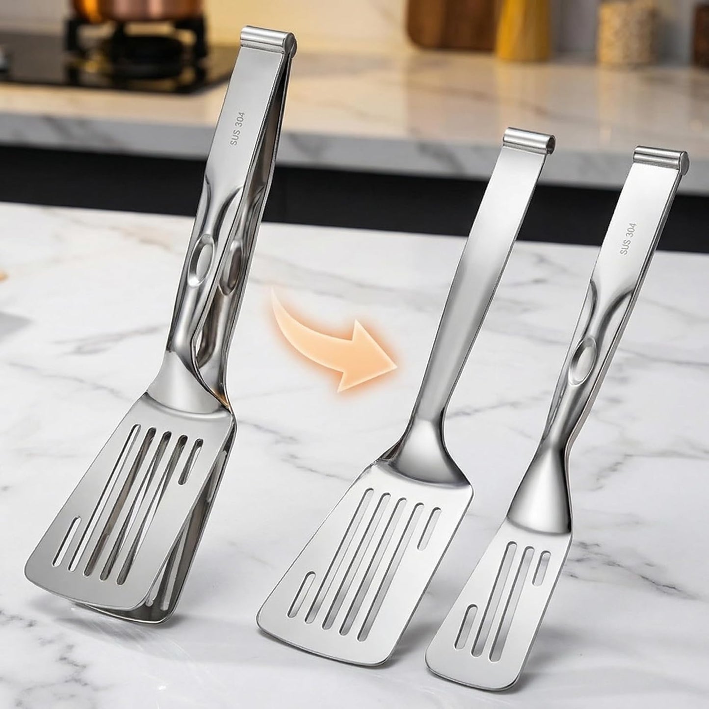 Durable 304 Stainless Steel Spatula Tongs, Rust-Proof 2-in-1 Cooking Tongs for High Heat, Solid One-Piece Design Food Turner, Professional Kitchen Essential