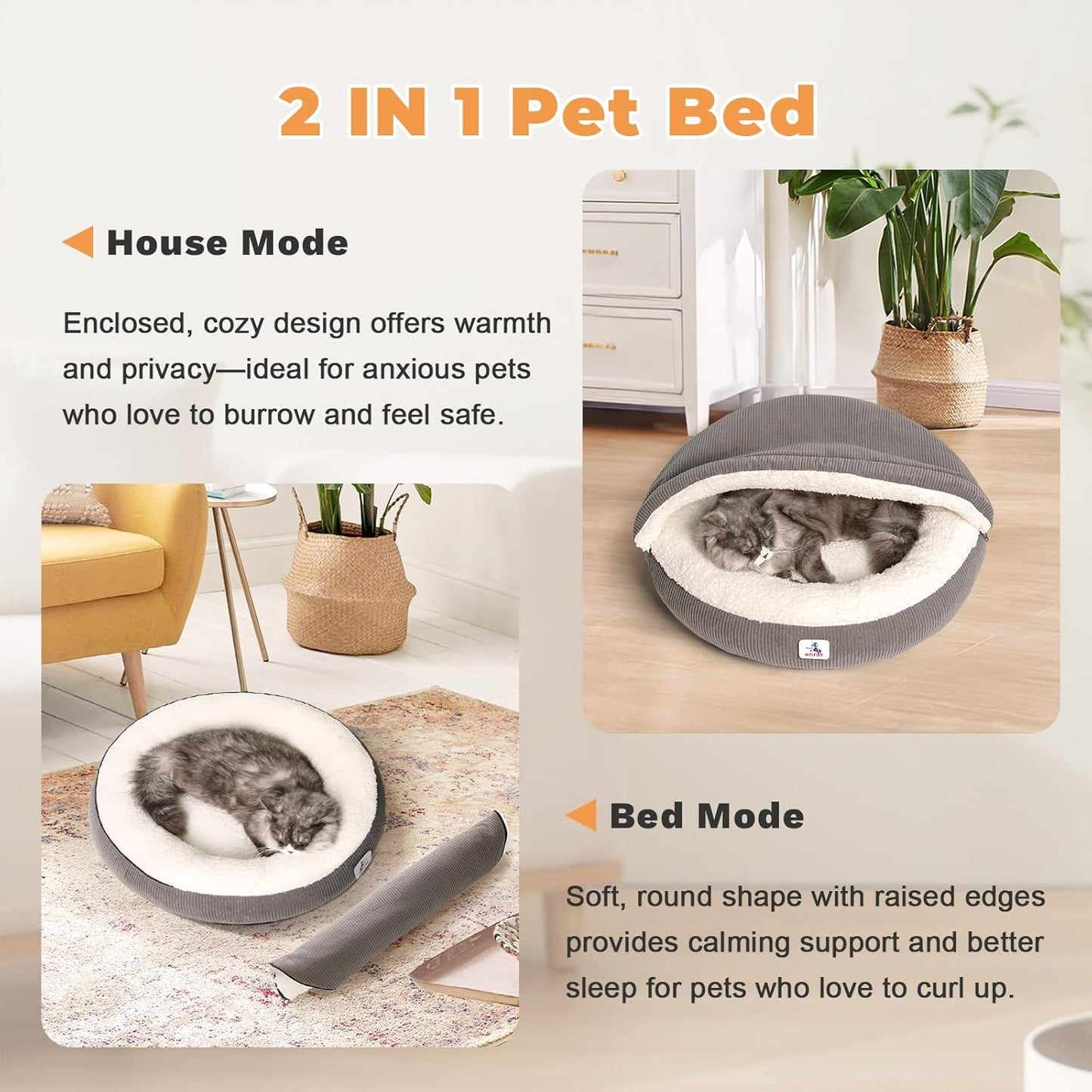 Cat Cave Bed for Indoor Cats, Hooded Cat Bed Covered Cat Bed Cave, Round Cat Cave Cute Kitty Bed, Washable Cat Bed for Cats & Small Dogs, Cat Beds with Cover Cozy Sleeping Nest, 23" Grey