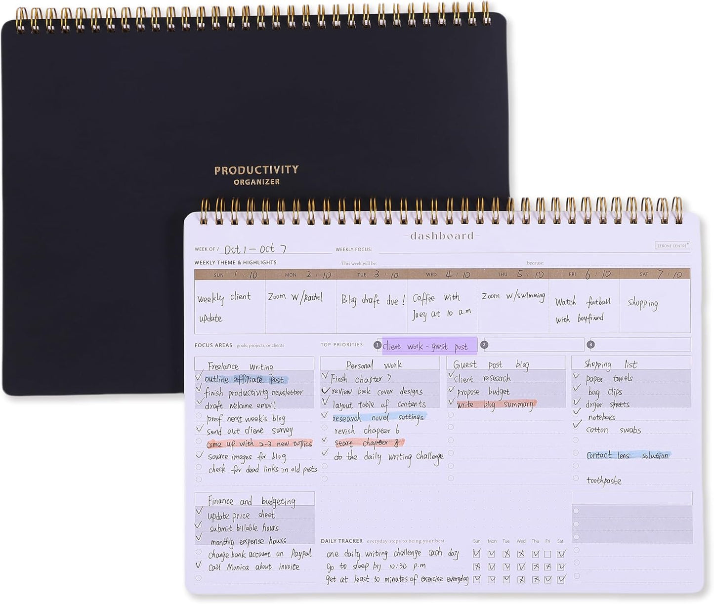 ZERONE CENTRE Productivity Weekly Planner - 54 Sheets Dashboard Spiral Deskpad Has 6 Focus Areas to List Tasks for Goals, Projects, Clients, Academic, or Shopping-Organize Your Daily Work Efficiently