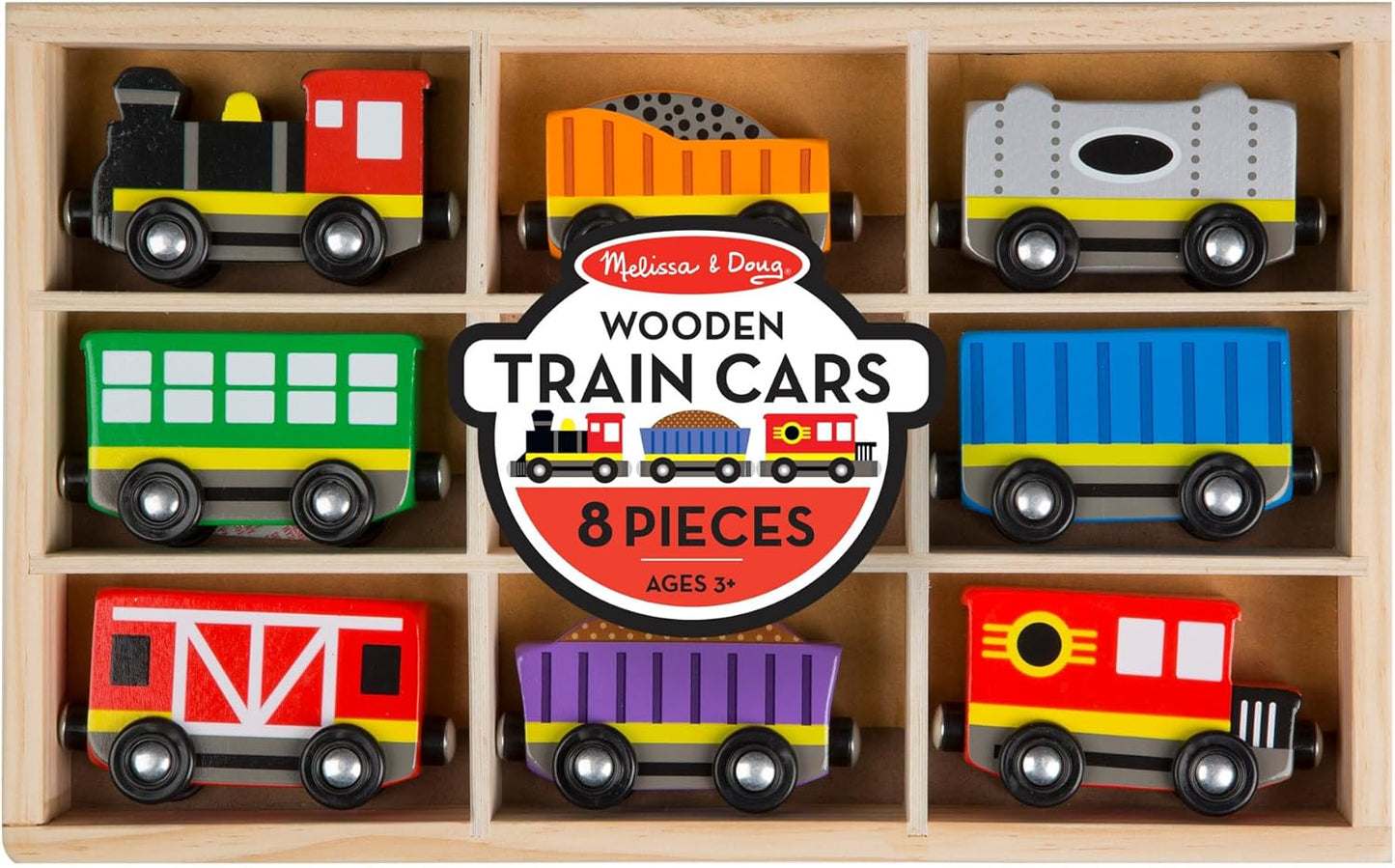 Melissa & Doug Wooden Train Cars, 8-Piece Magnetic Train Set with Toy Storage Tray, Steam Engine, Caboose, Coal & Passenger Cars, Montessori-Inspired Pretend Play Toys for Kids Ages 3+