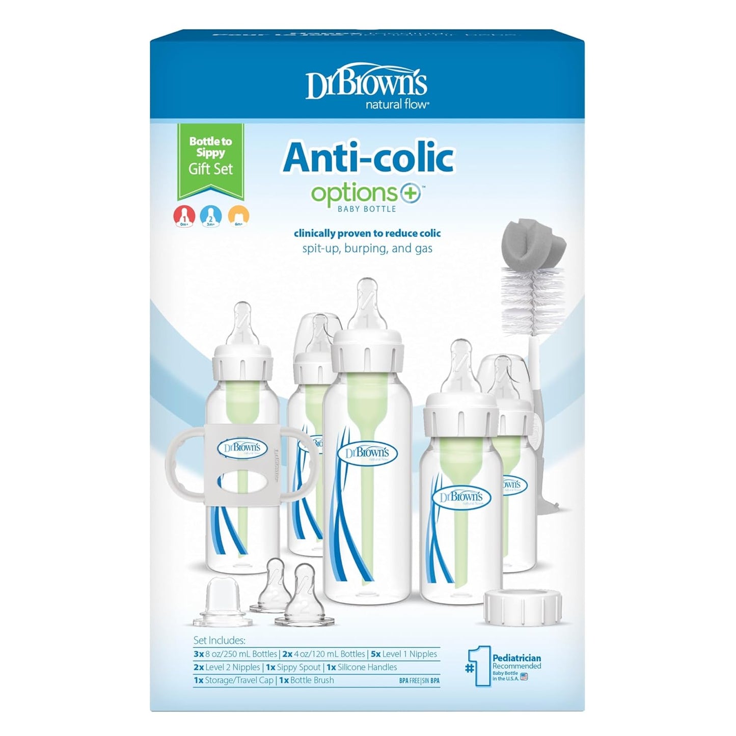 Dr. Brown's Anti-Colic Options + Narrow Bottle to Sippy Gift Set with Soft Silicone Sippy Spout, Removable Silicone Handles, Travel Cap and Bottle Brush (Packaging/Brush Color May Vary)