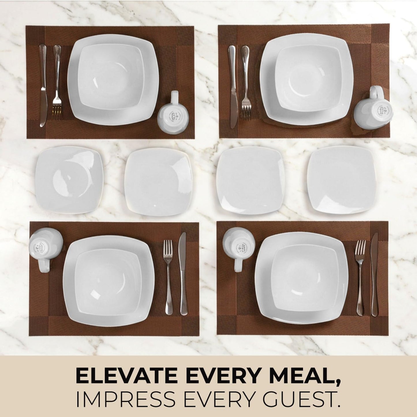 Zulay Kitchen Luna Plates and Bowls Sets, 16 Piece Modern Porcelain Dish Set for 4, Chip and Scratch Resistant Square Dinnerware Set, Microwave and Dishwasher Safe, Pearl White